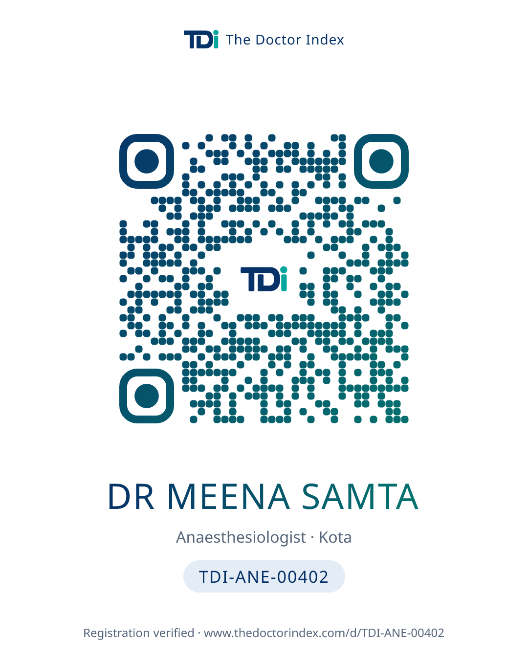 QR card for Dr Meena Samta, TDI-ANE-00402