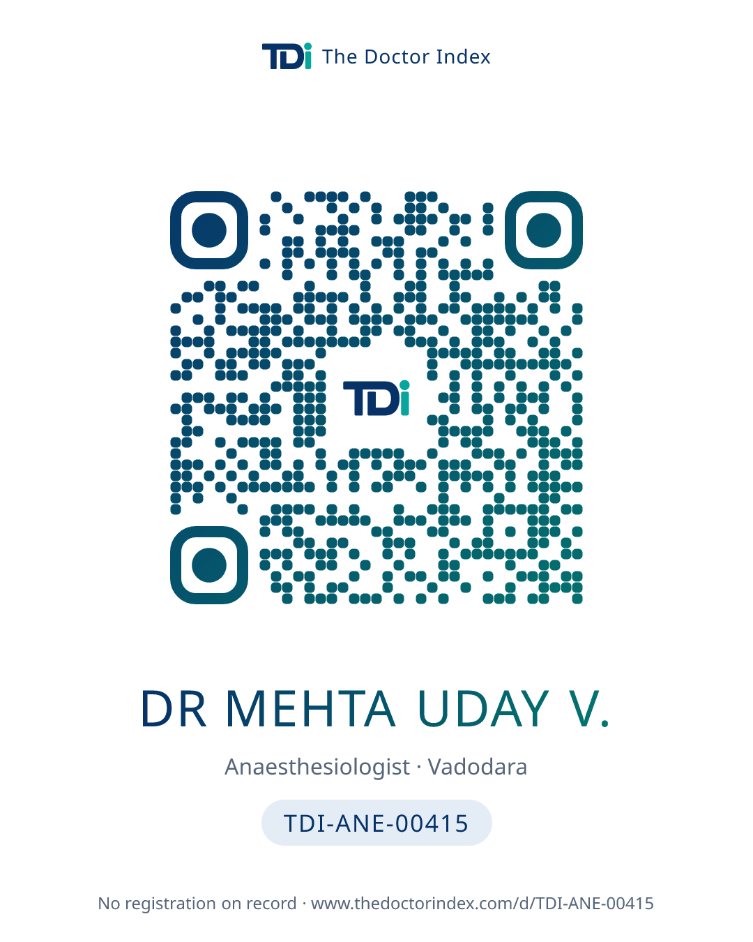 QR card for Dr Mehta Uday V., TDI-ANE-00415