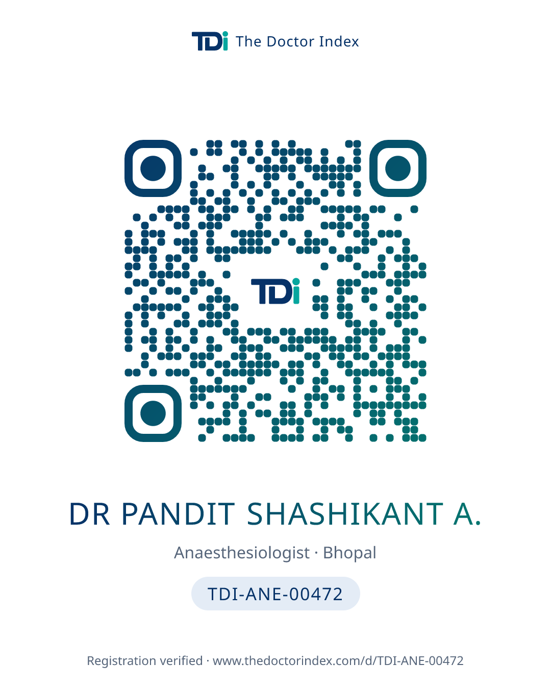 QR card for Dr Pandit Shashikant A., TDI-ANE-00472