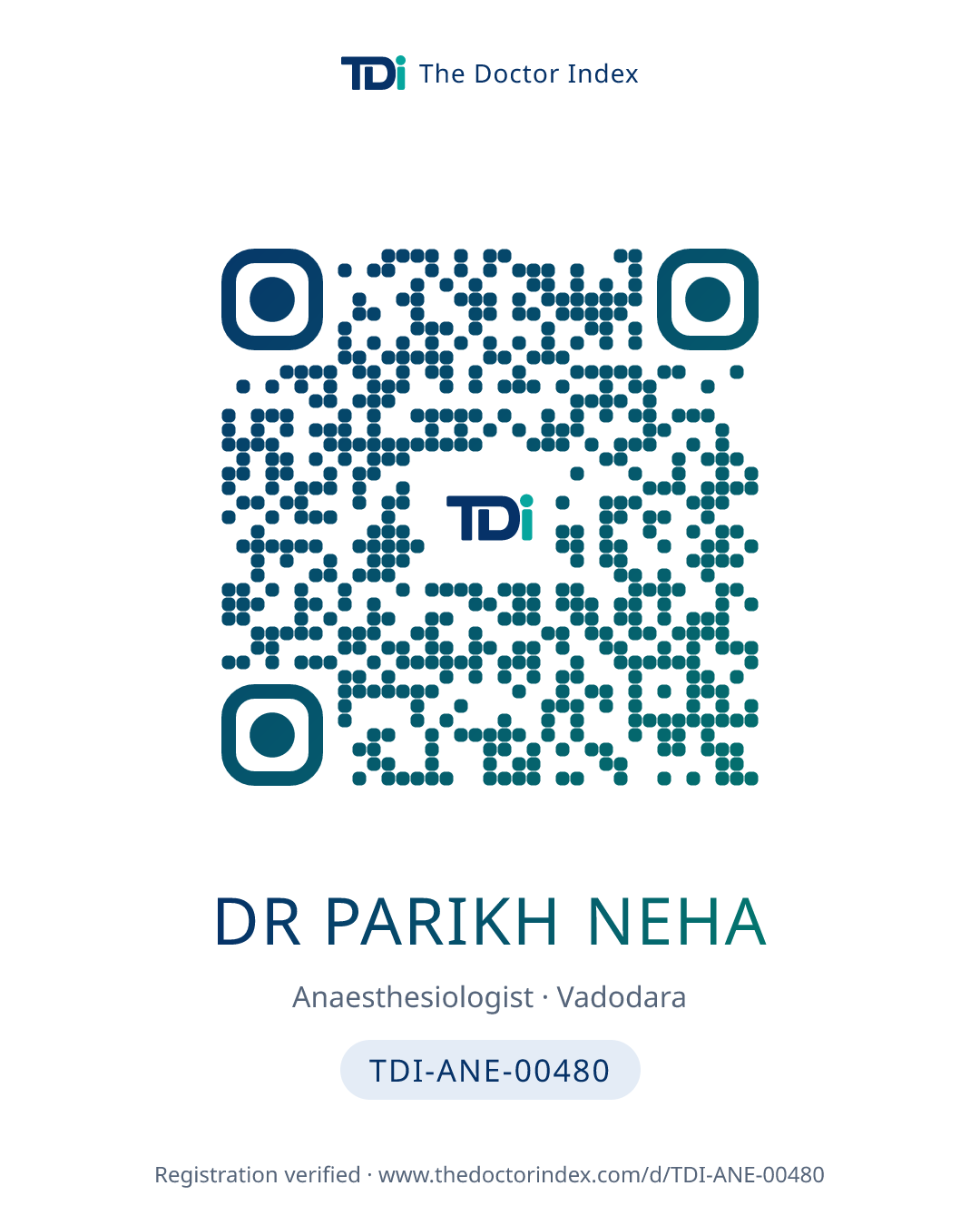 QR card for Dr Parikh Neha, TDI-ANE-00480