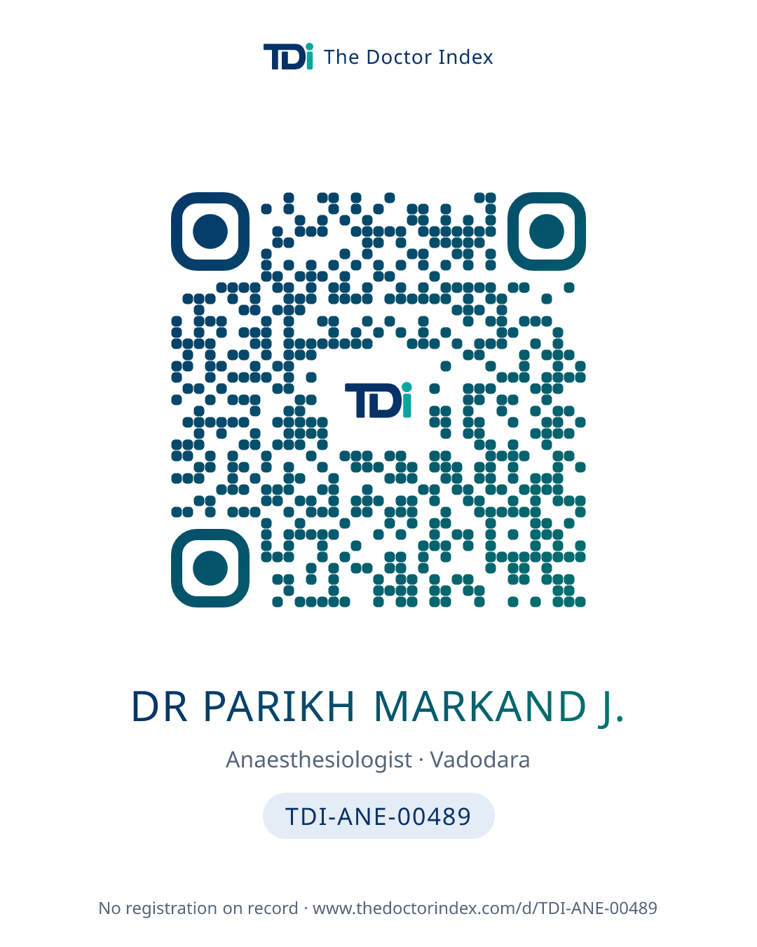 QR card for Dr Parikh Markand J., TDI-ANE-00489