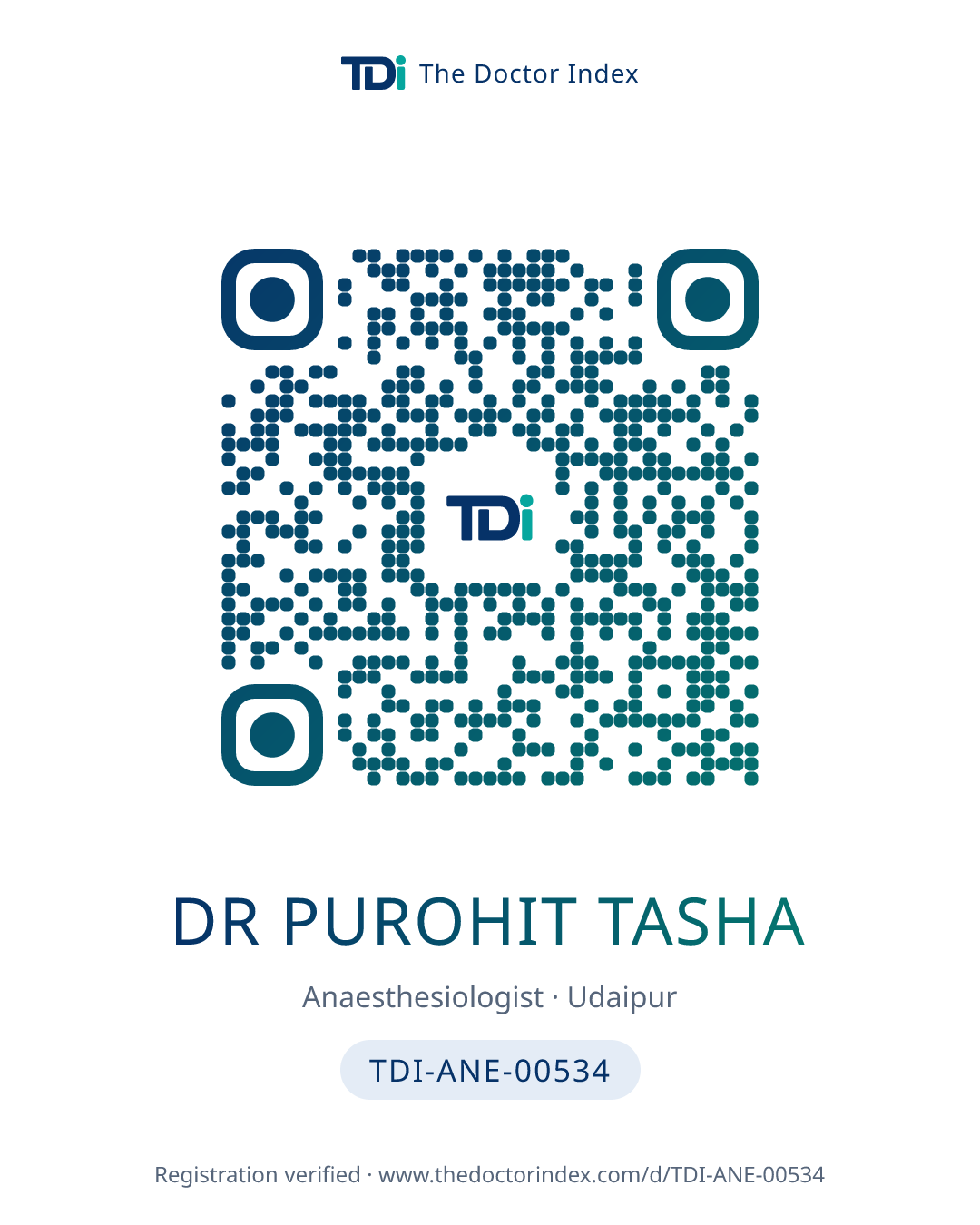 QR card for Dr Purohit Tasha, TDI-ANE-00534
