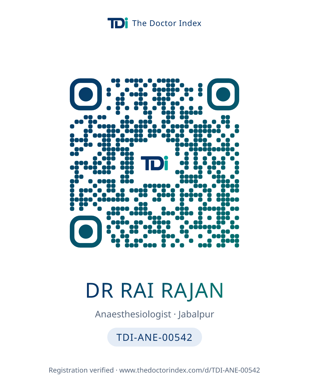 QR card for Dr Rai Rajan, TDI-ANE-00542