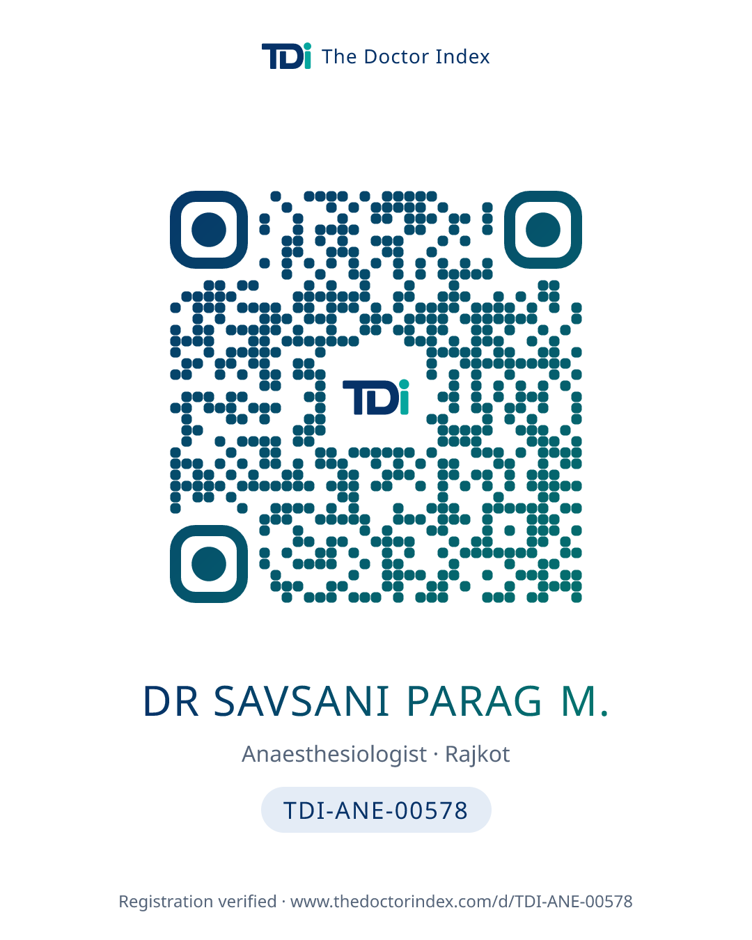 QR card for Dr Savsani Parag M., TDI-ANE-00578