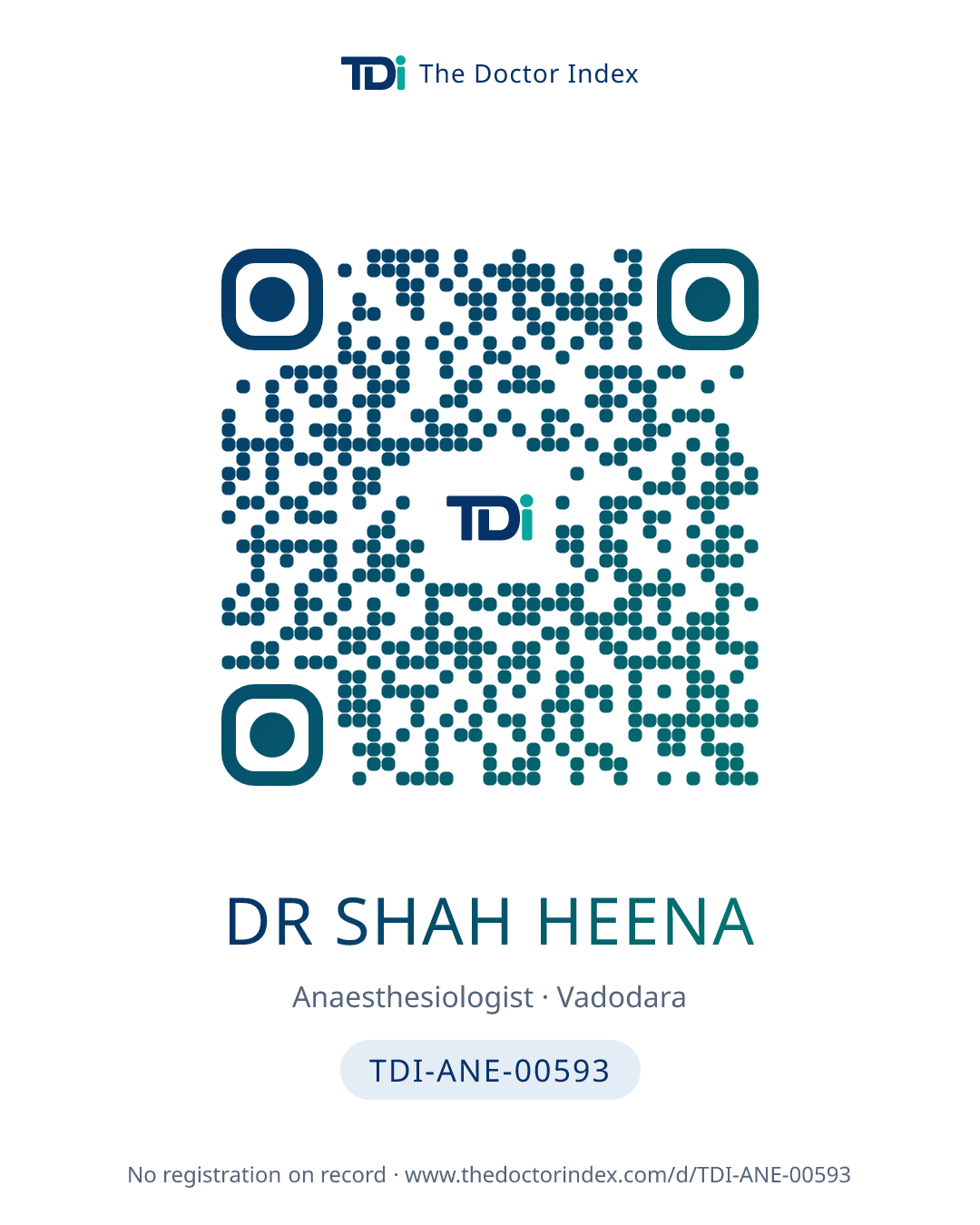 QR card for Dr Shah Heena, TDI-ANE-00593