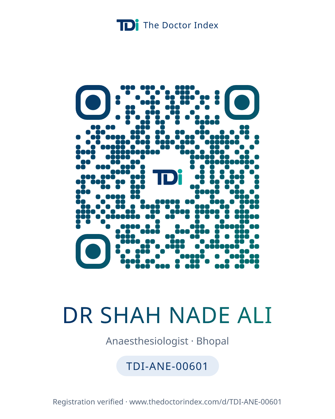 QR card for Dr Shah Nade Ali, TDI-ANE-00601