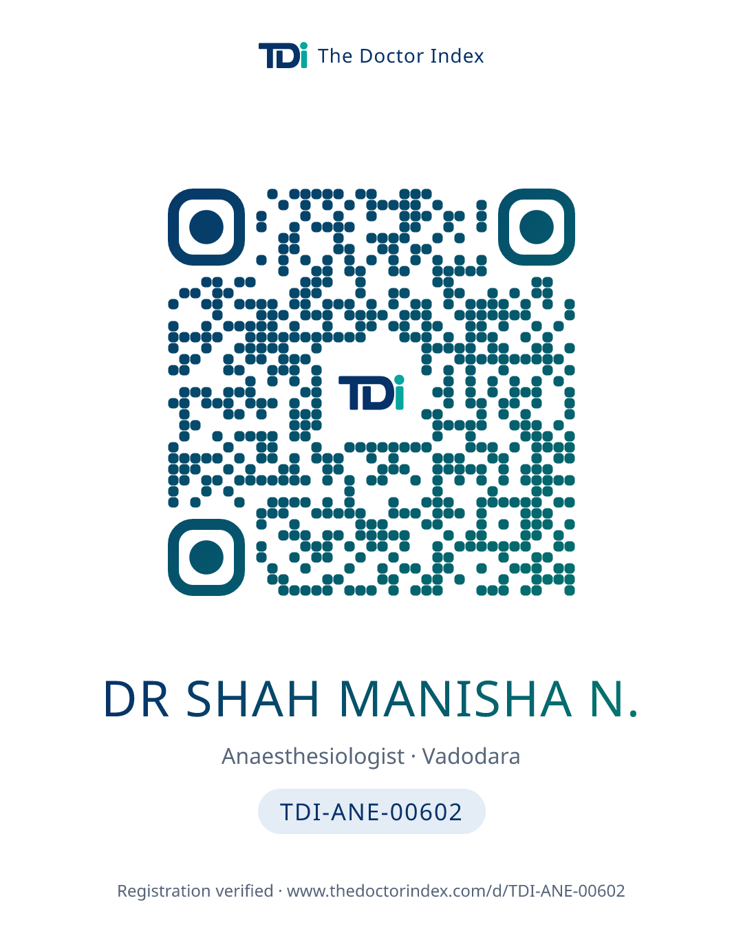 QR card for Dr Shah Manisha N., TDI-ANE-00602