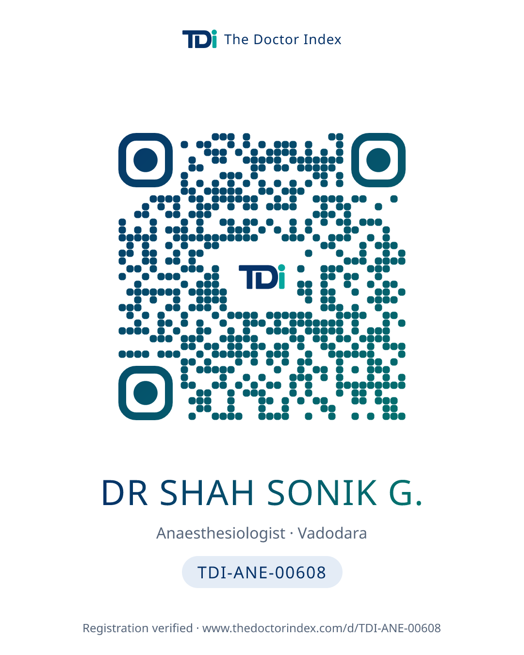 QR card for Dr Shah Sonik G., TDI-ANE-00608