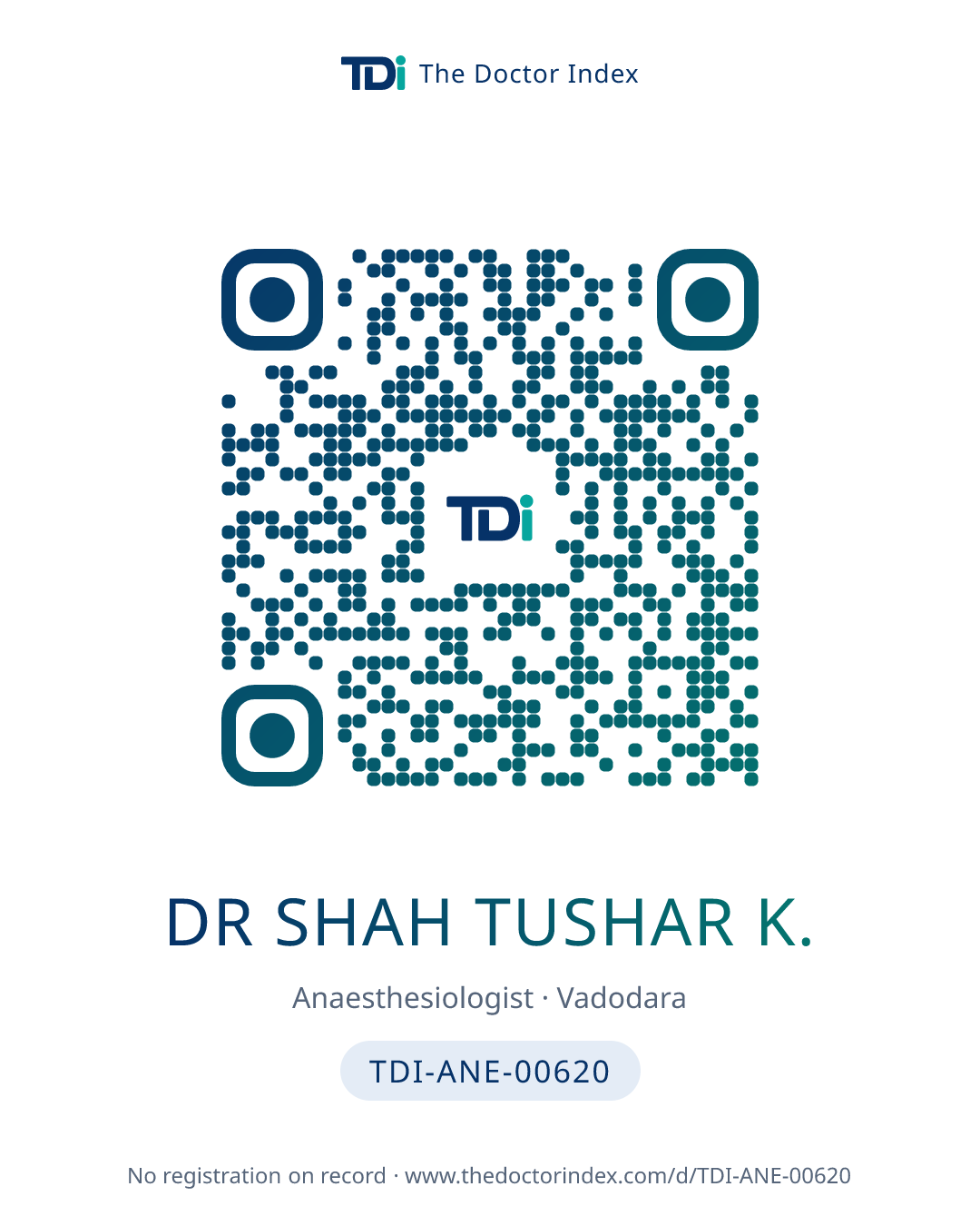 QR card for Dr Shah Tushar K., TDI-ANE-00620