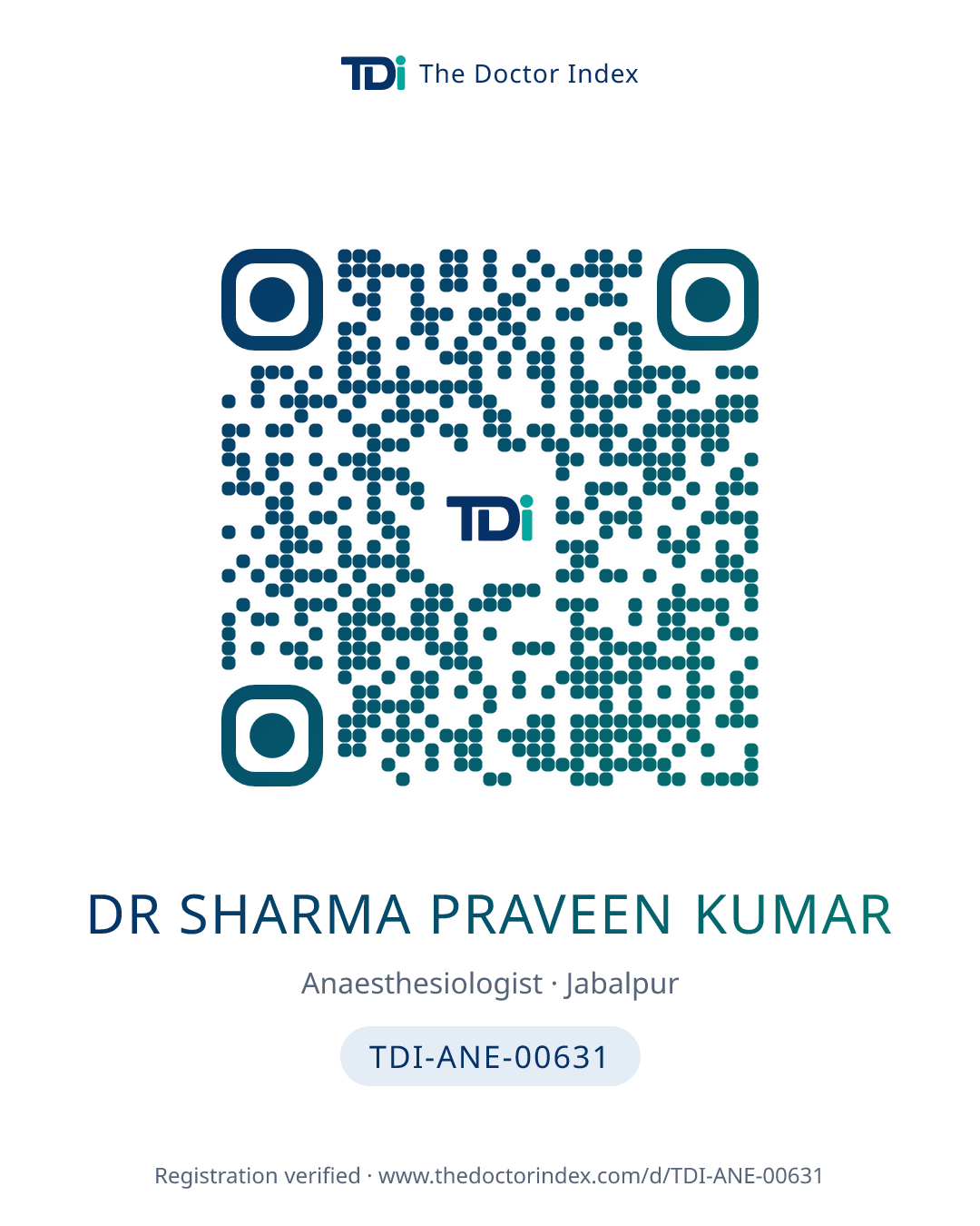 QR card for Dr Sharma Praveen Kumar, TDI-ANE-00631