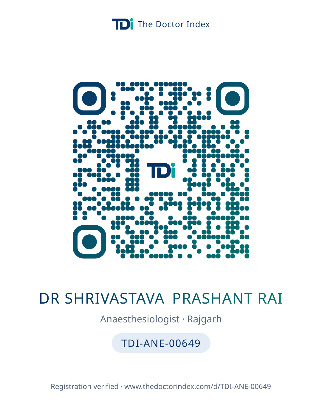 QR card for Dr Shrivastava Prashant Rai, TDI-ANE-00649