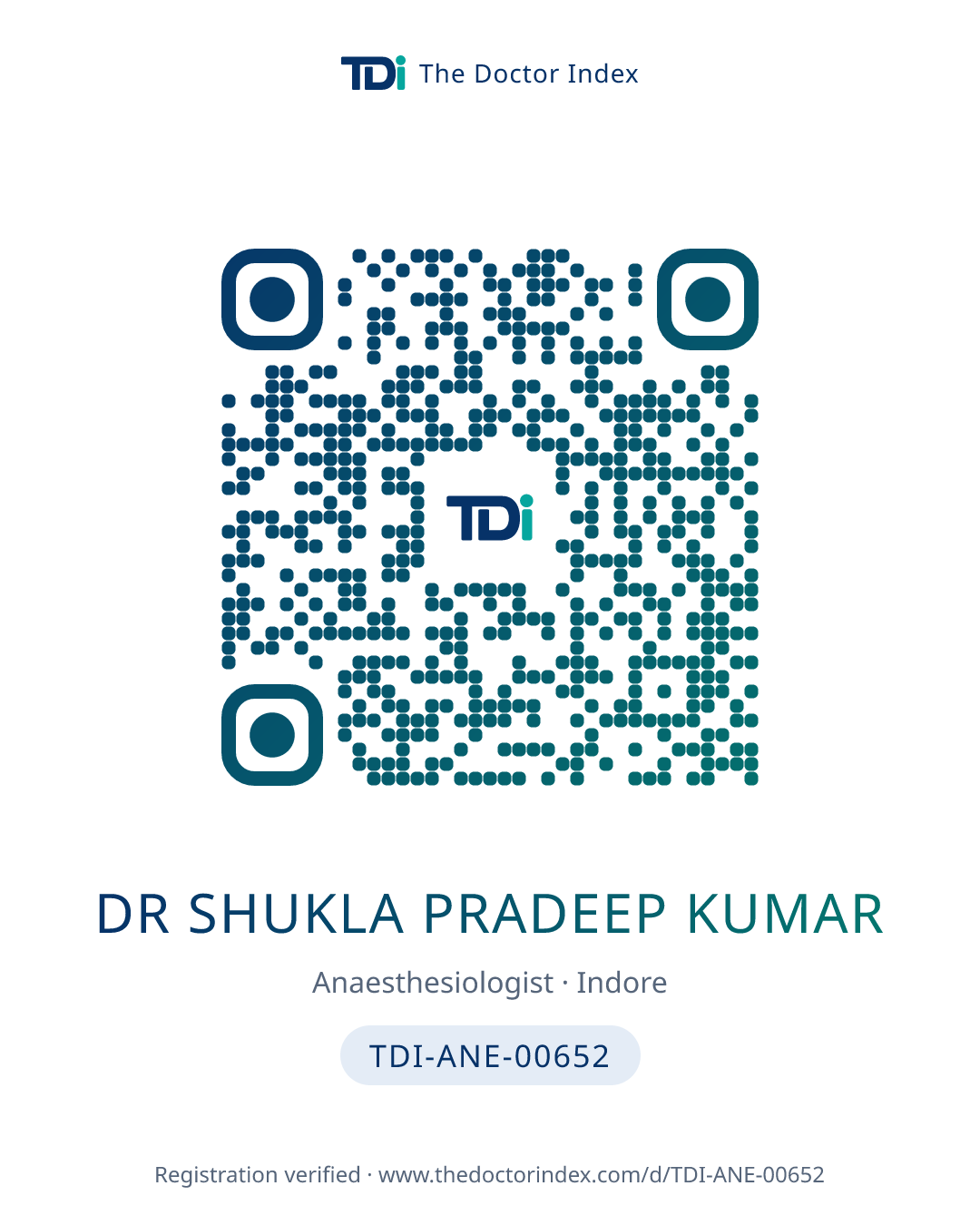 QR card for Dr Shukla Pradeep Kumar, TDI-ANE-00652