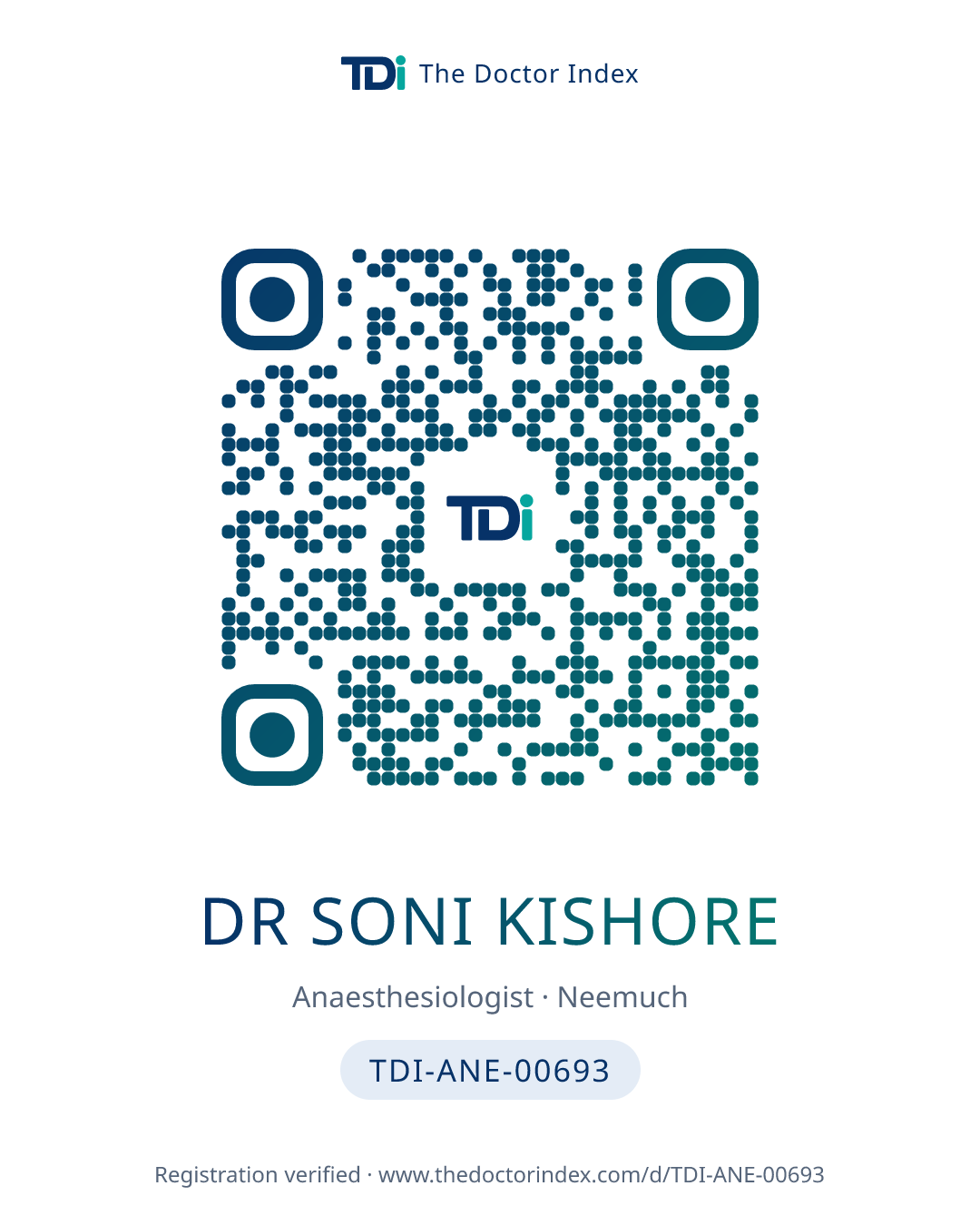 QR card for Dr Soni Kishore, TDI-ANE-00693