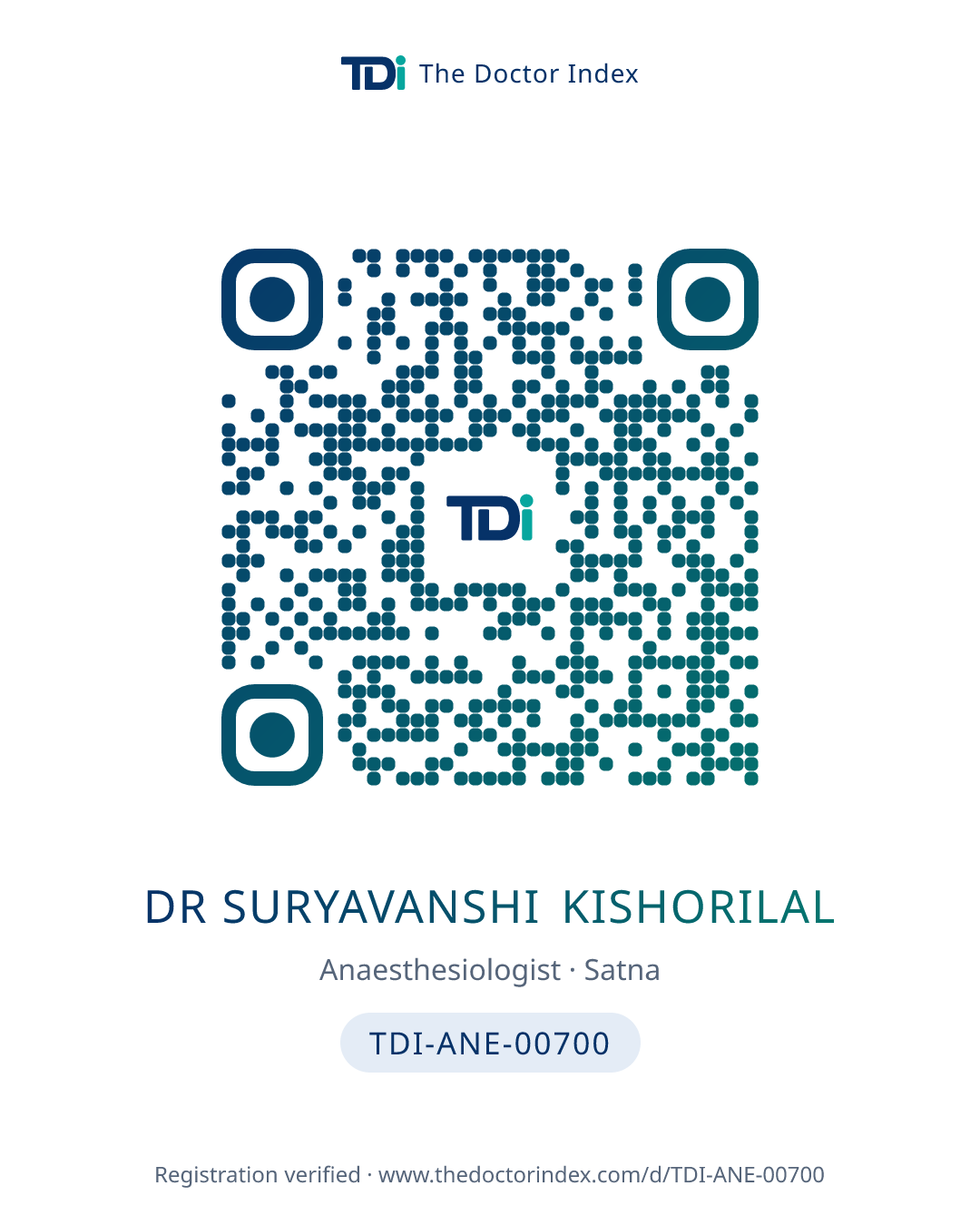 QR card for Dr Suryavanshi Kishorilal, TDI-ANE-00700