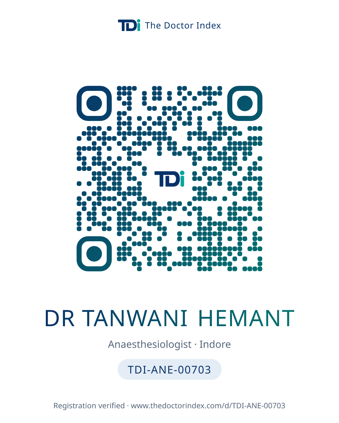 QR card for Dr Tanwani Hemant, TDI-ANE-00703