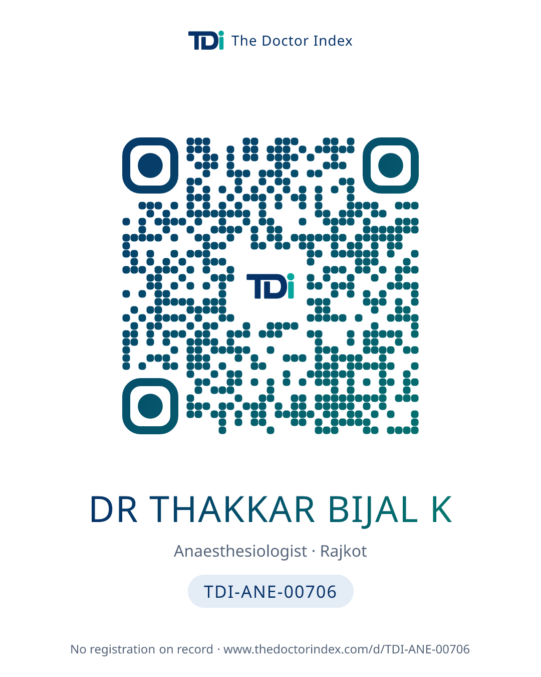 QR card for Dr Thakkar Bijal K, TDI-ANE-00706