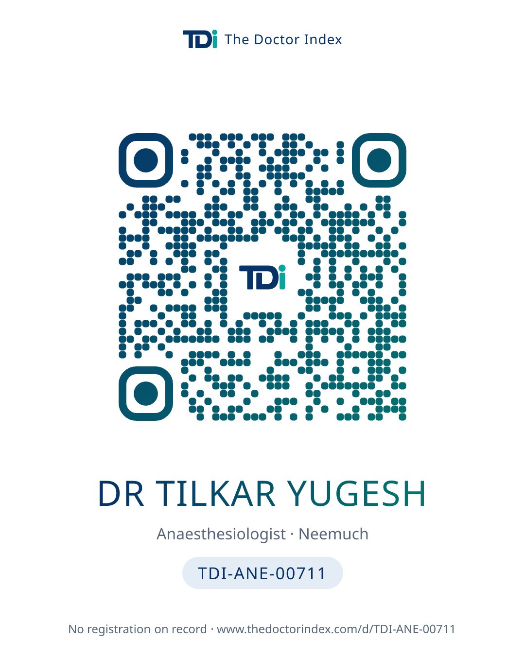QR card for Dr Tilkar Yugesh, TDI-ANE-00711