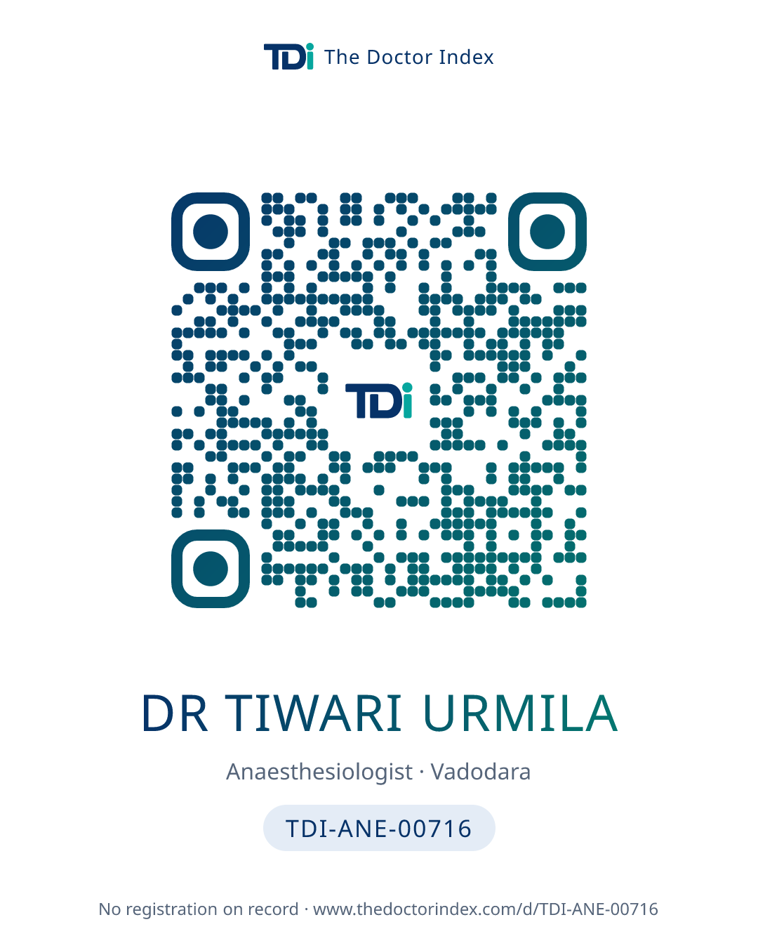 QR card for Dr Tiwari Urmila, TDI-ANE-00716
