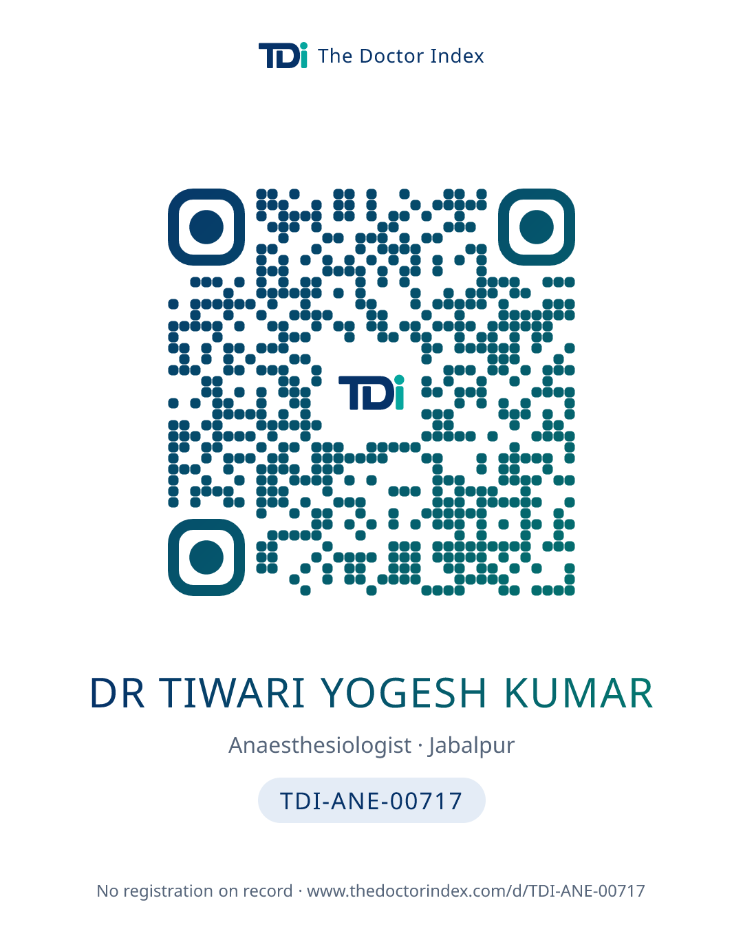 QR card for Dr Tiwari Yogesh Kumar, TDI-ANE-00717