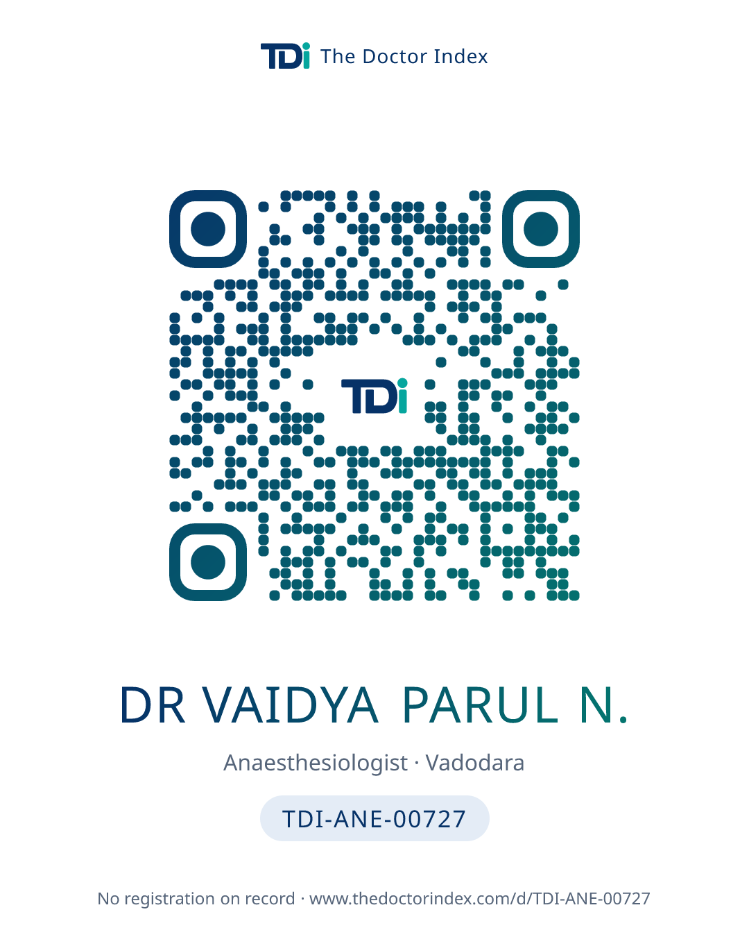 QR card for Dr Vaidya Parul N., TDI-ANE-00727