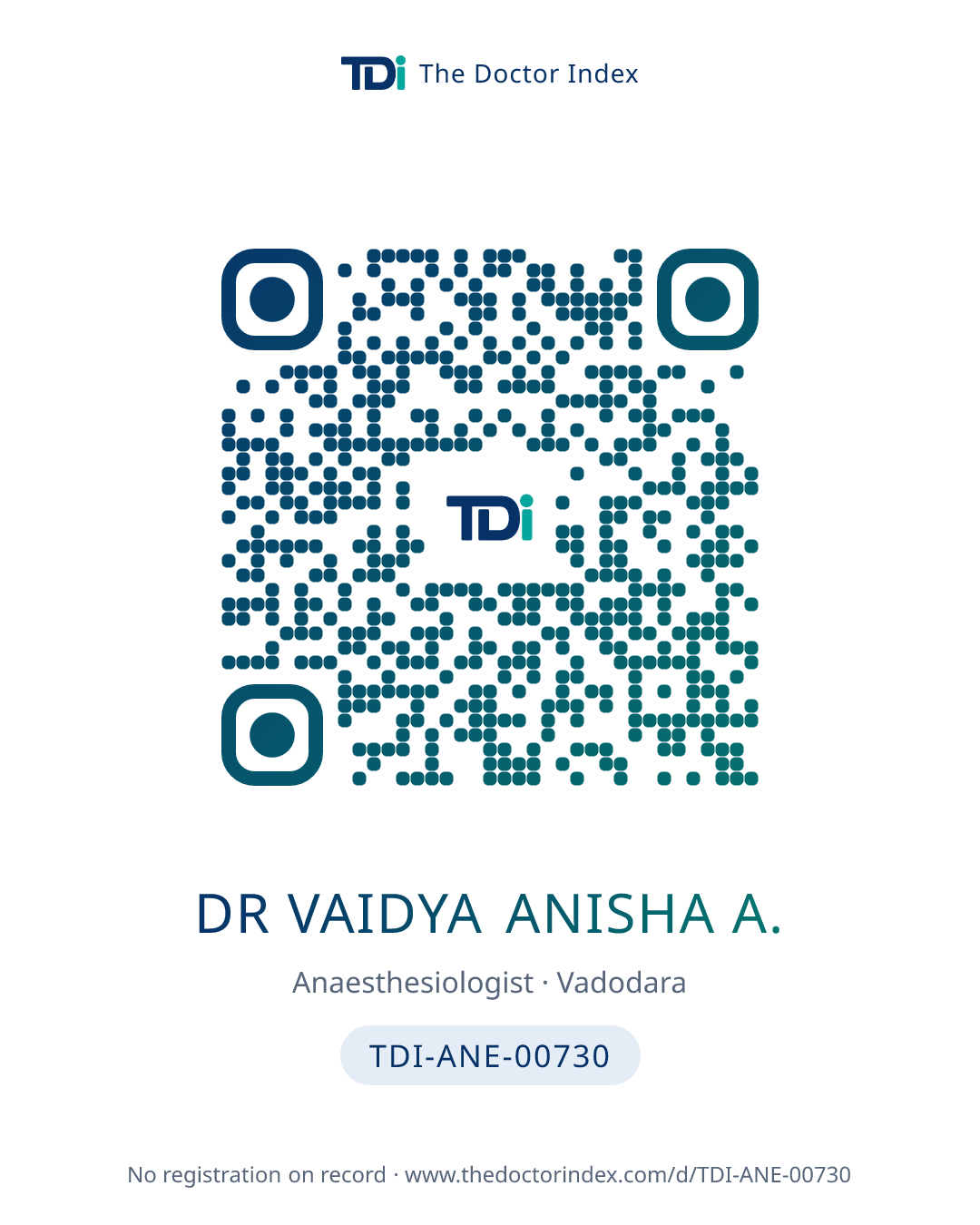 QR card for Dr Vaidya Anisha A., TDI-ANE-00730