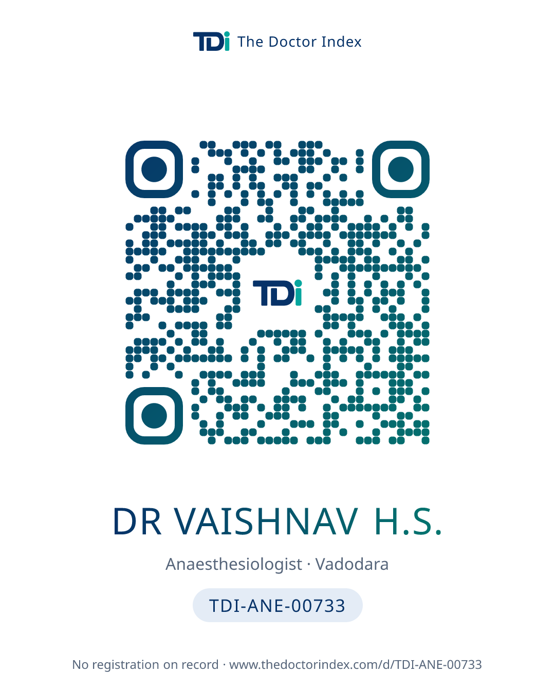 QR card for Dr Vaishnav H.S., TDI-ANE-00733