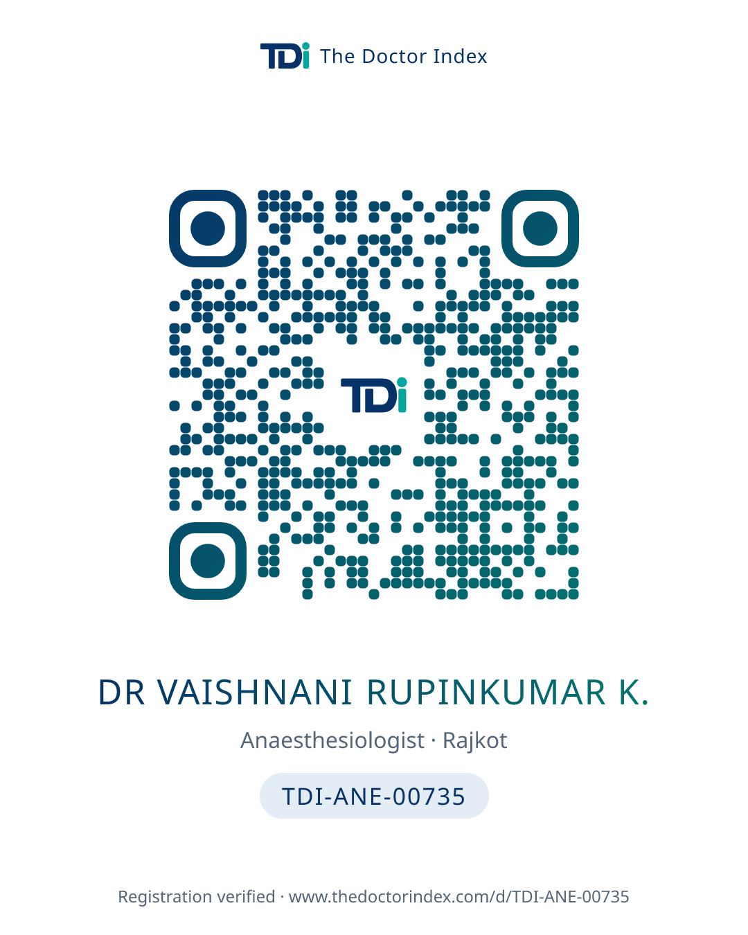 QR card for Dr Vaishnani Rupinkumar K., TDI-ANE-00735