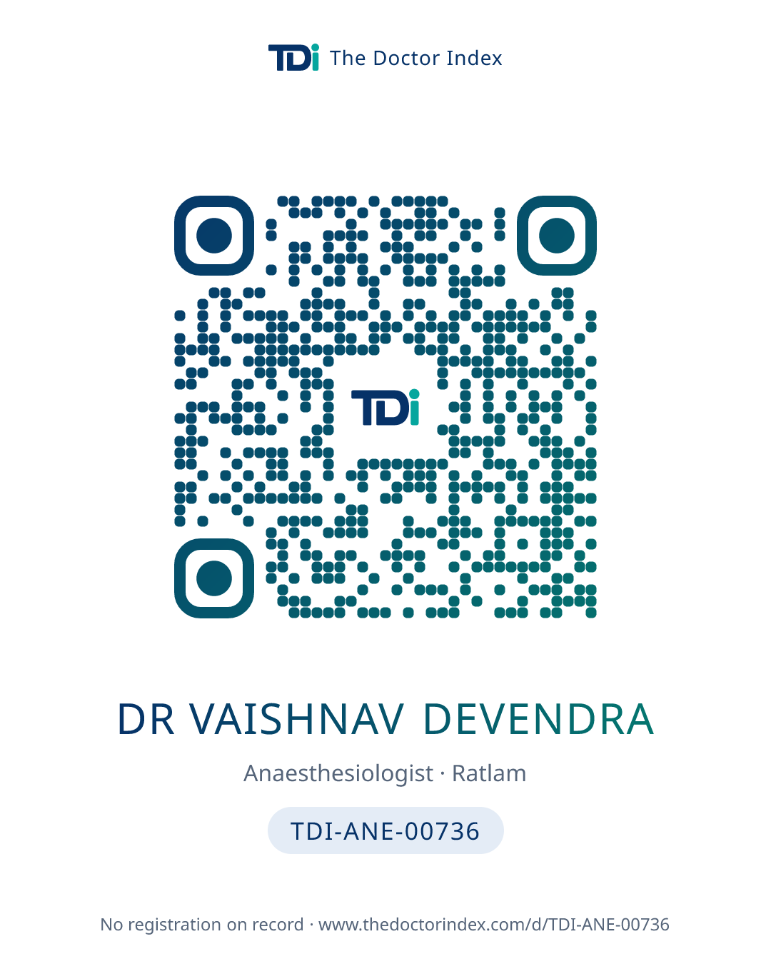 QR card for Dr Vaishnav Devendra, TDI-ANE-00736