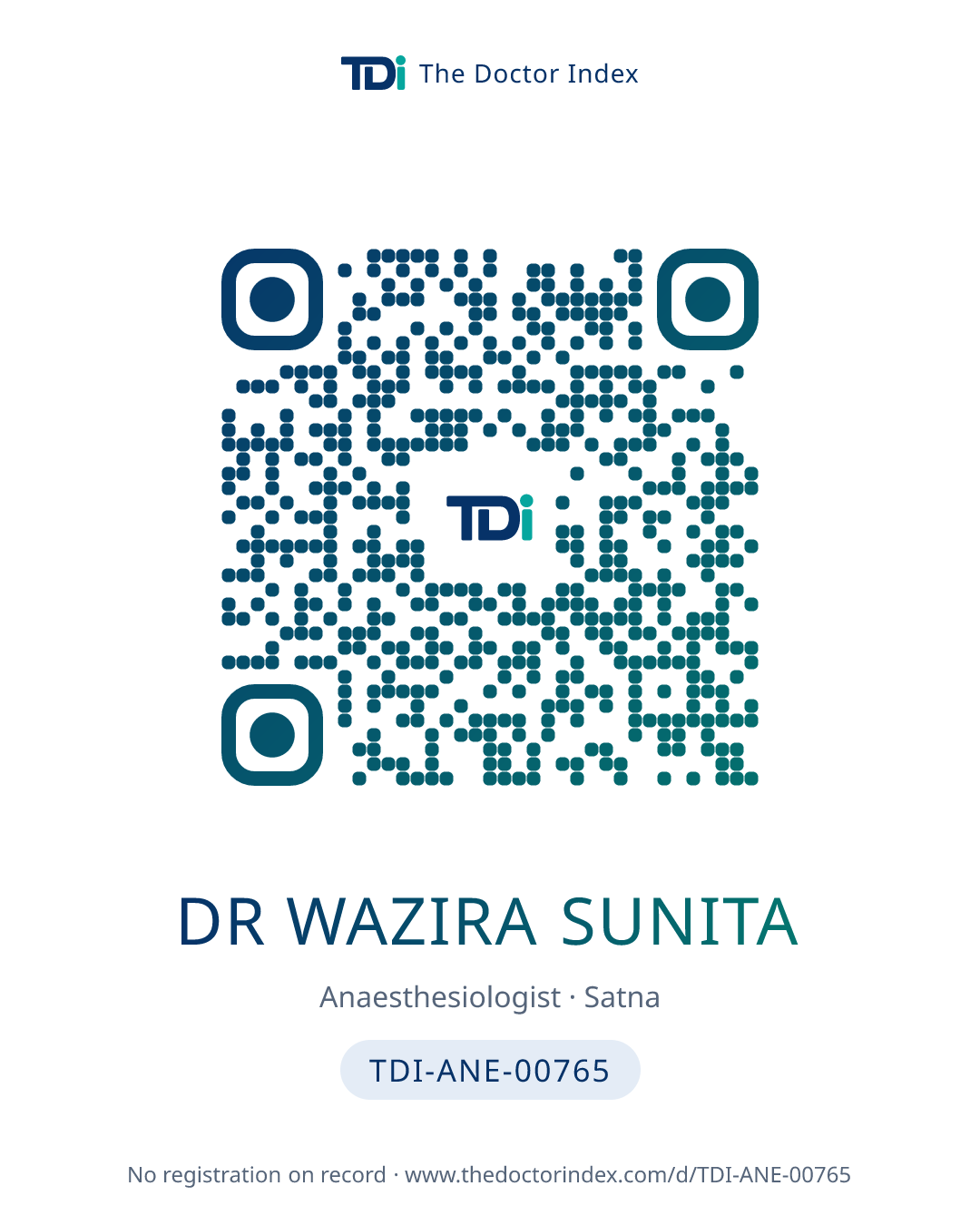 QR card for Dr Wazira Sunita, TDI-ANE-00765