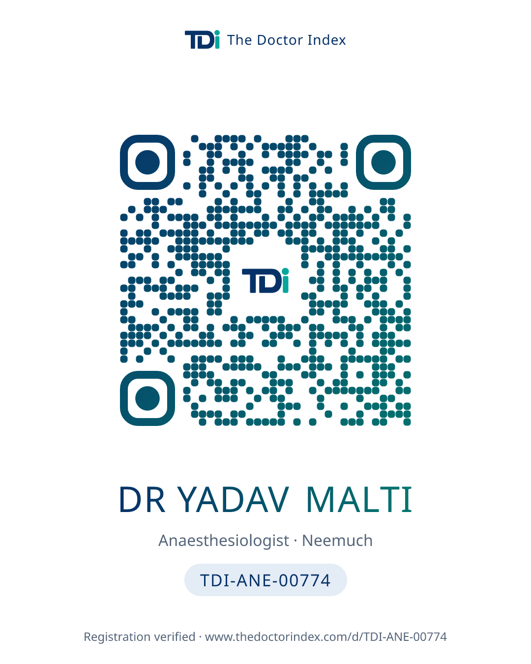 QR card for Dr Yadav Malti, TDI-ANE-00774