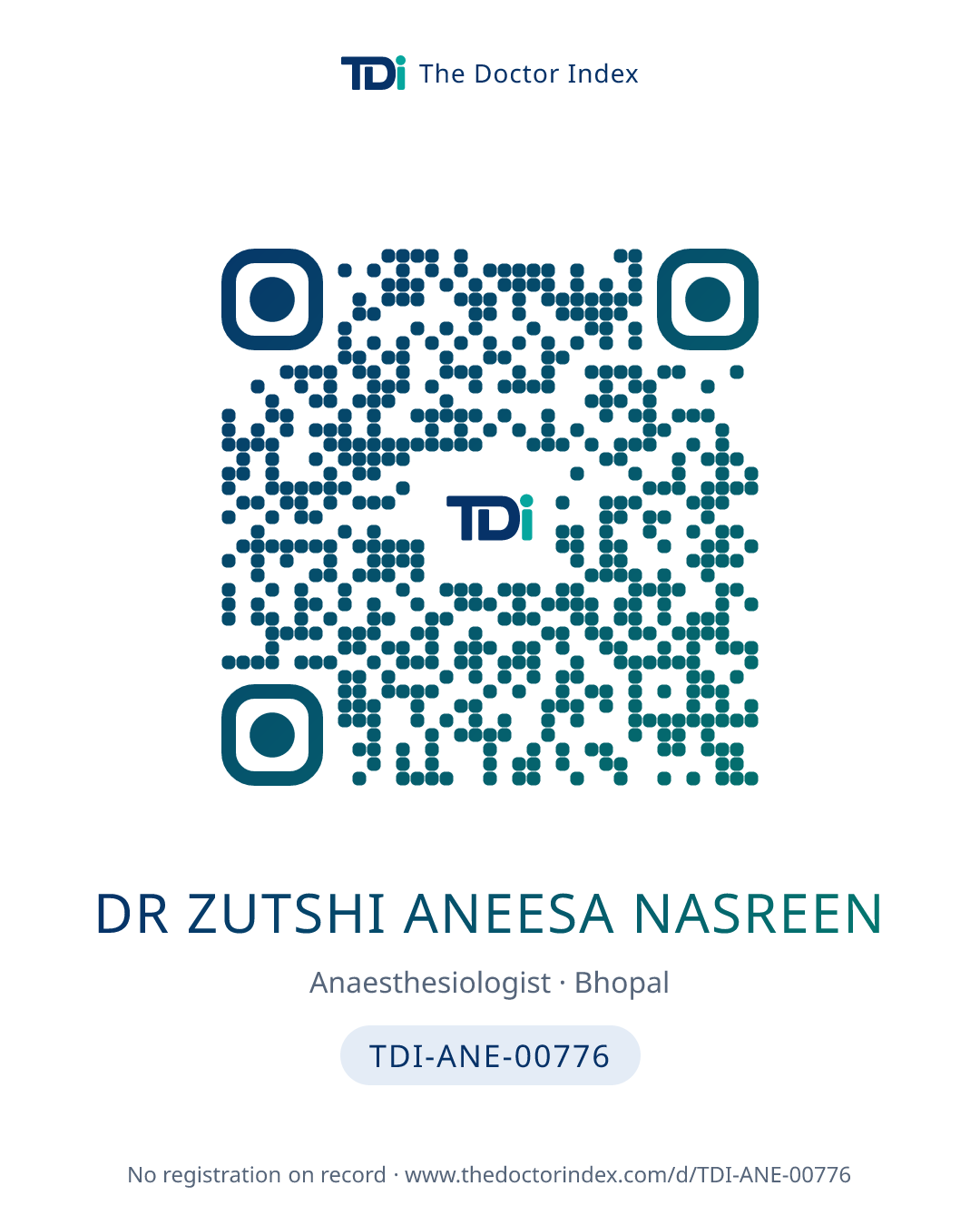 QR card for Dr Zutshi Aneesa Nasreen, TDI-ANE-00776