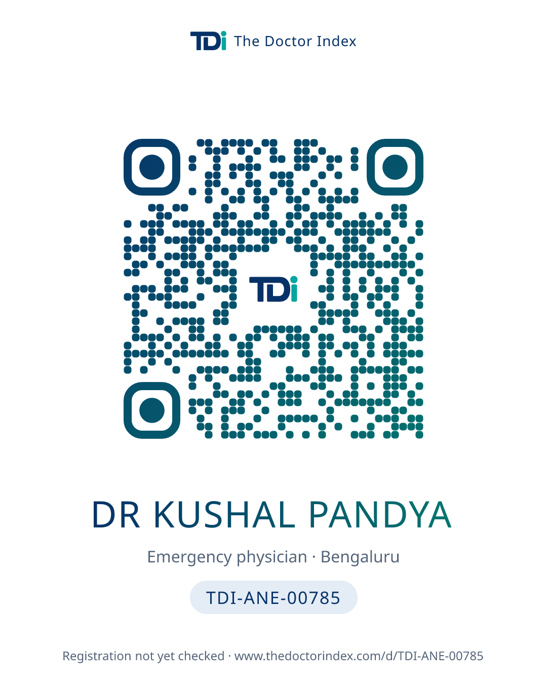 QR card for Dr Kushal Pandya, TDI-ANE-00785