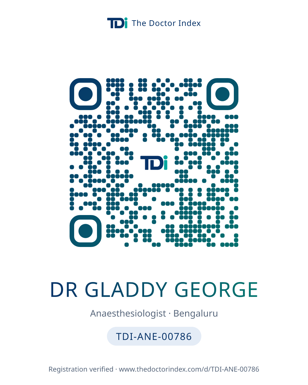 QR card for Dr Gladdy George, TDI-ANE-00786