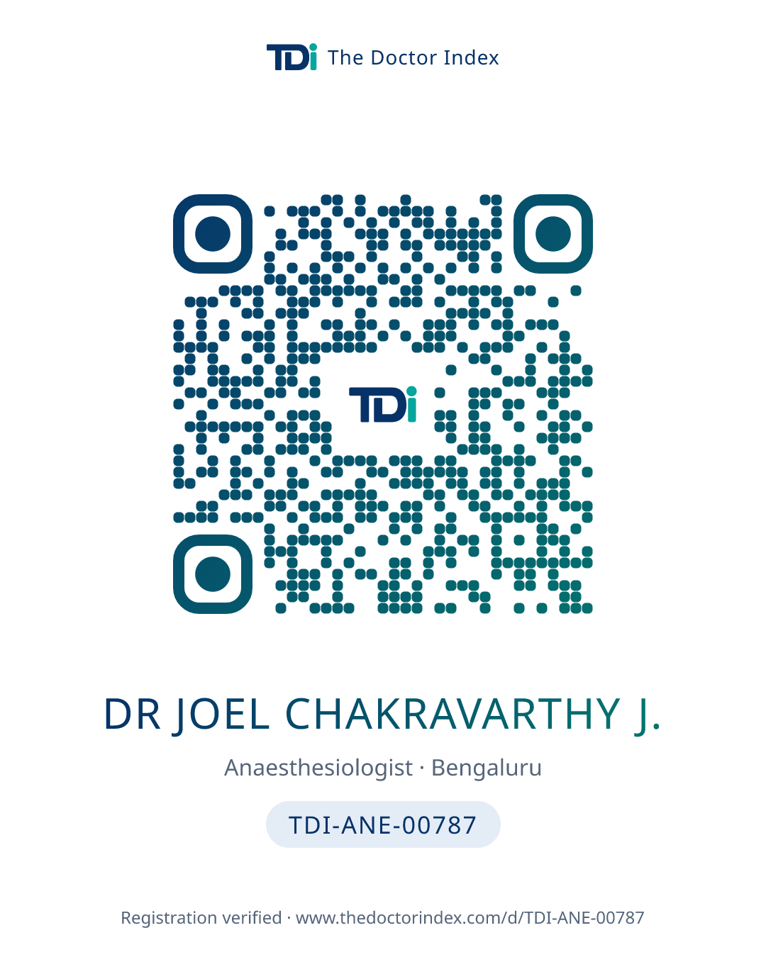 QR card for Dr Joel Chakravarthy J., TDI-ANE-00787