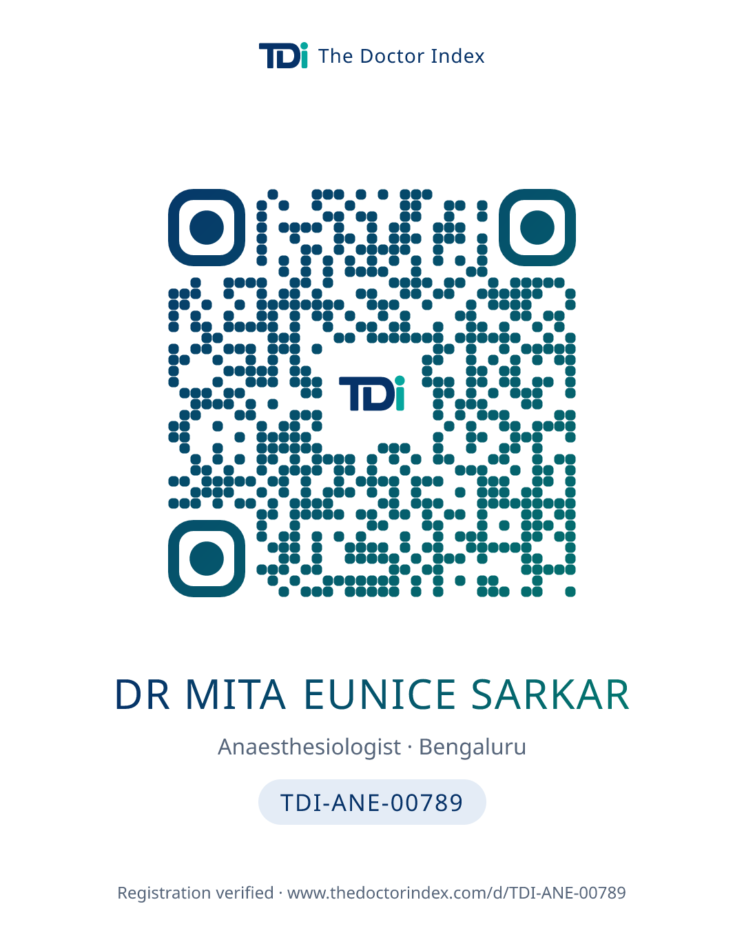 QR card for Dr Mita Eunice Sarkar, TDI-ANE-00789