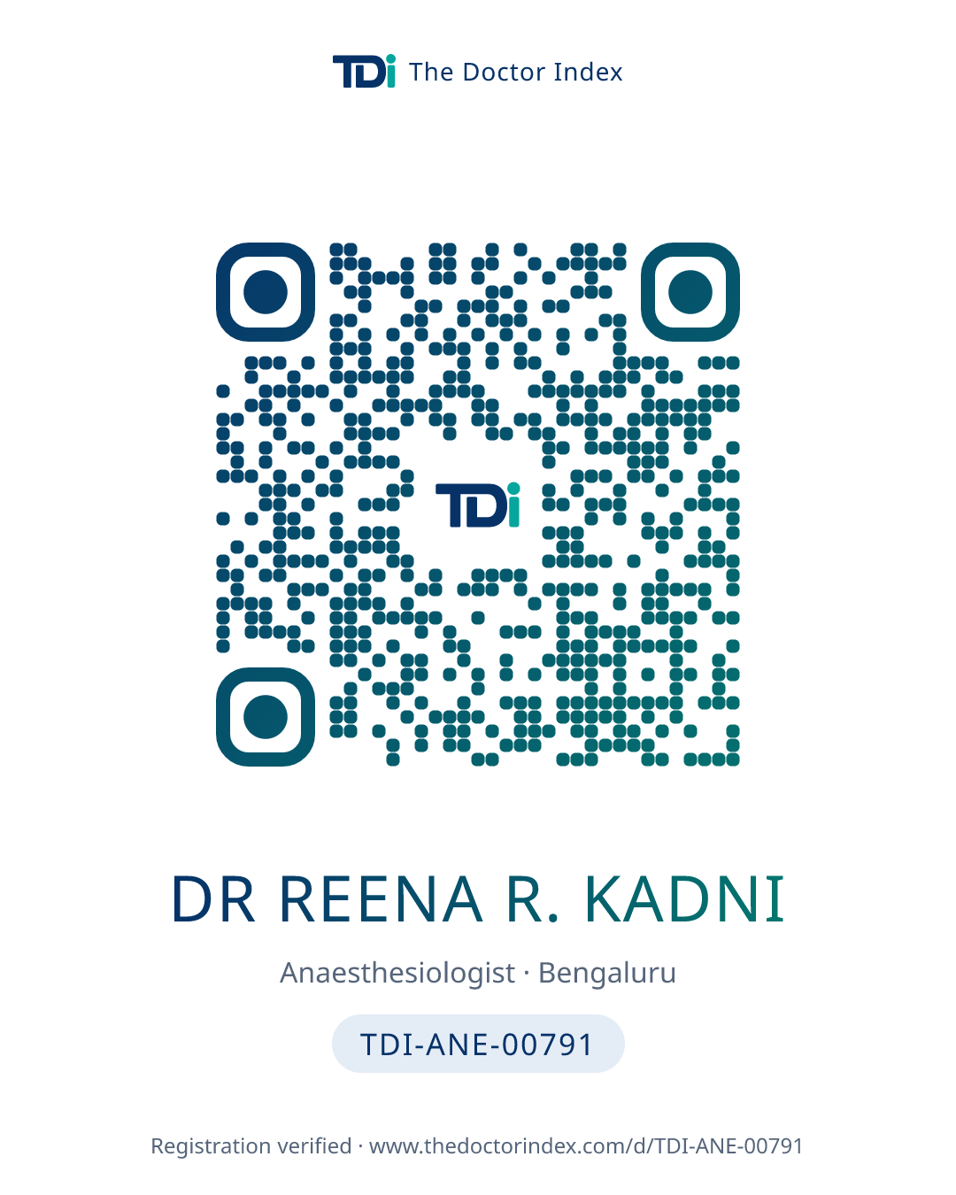 QR card for Dr Reena R. Kadni, TDI-ANE-00791