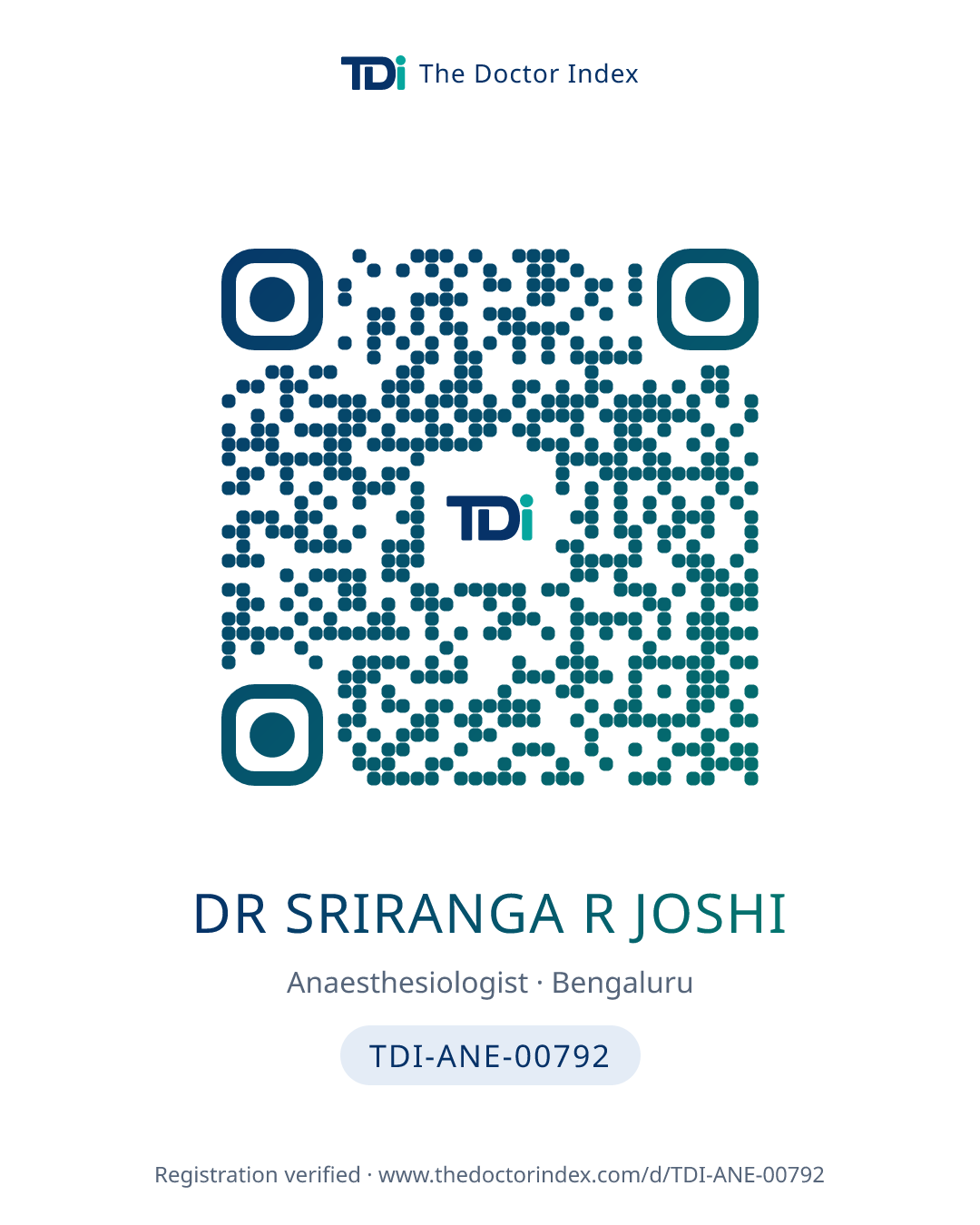 QR card for Dr Sriranga R Joshi, TDI-ANE-00792