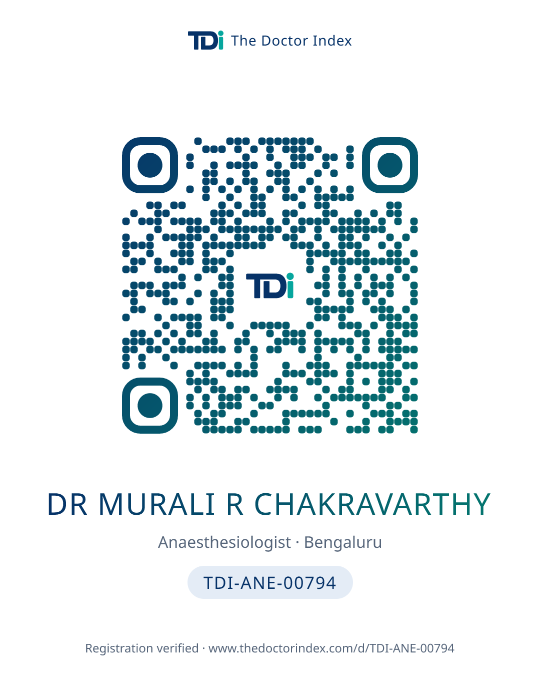 QR card for Dr Murali R Chakravarthy, TDI-ANE-00794