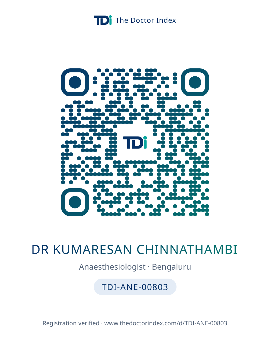 QR card for Dr Kumaresan Chinnathambi, TDI-ANE-00803