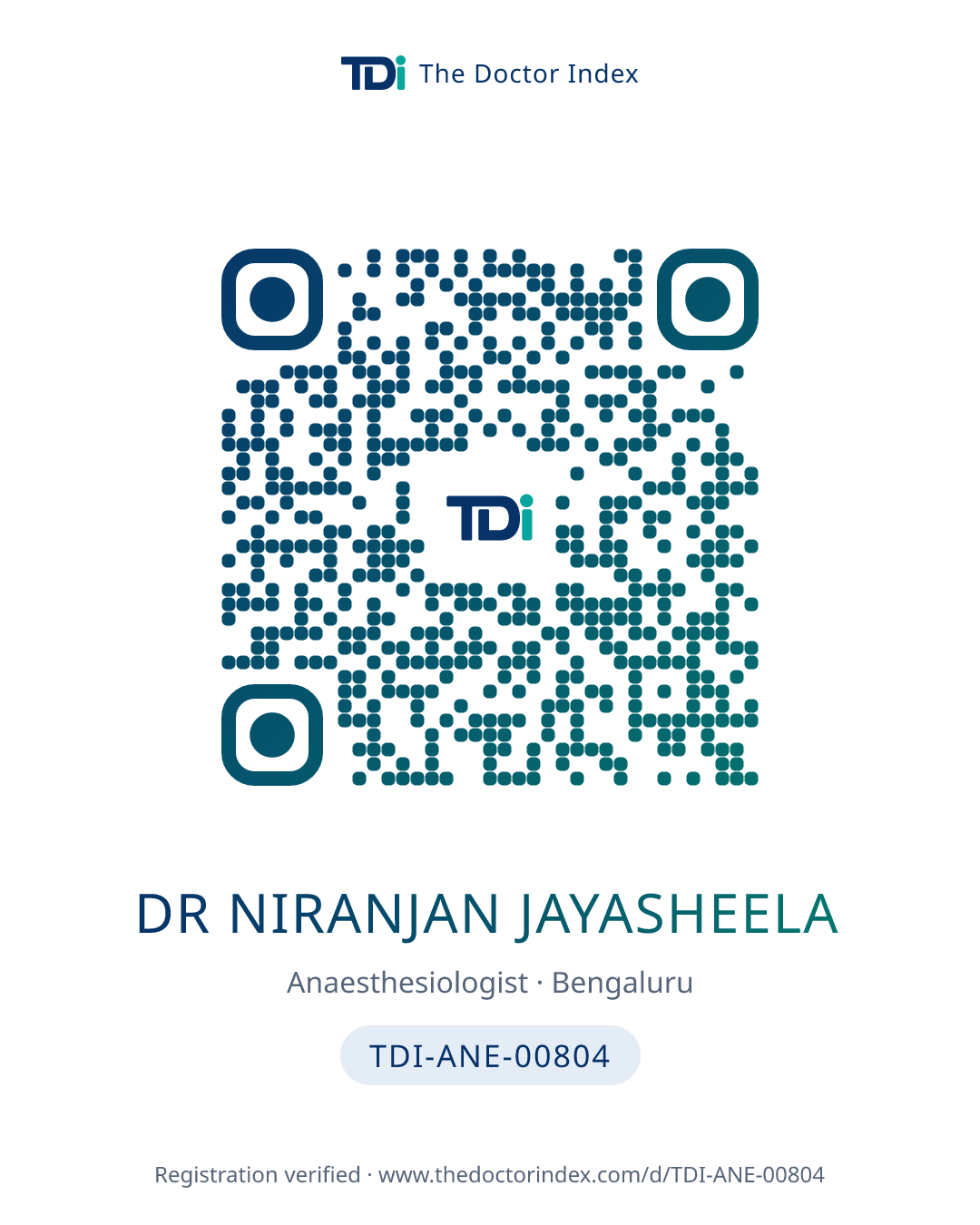 QR card for Dr Niranjan Jayasheela, TDI-ANE-00804
