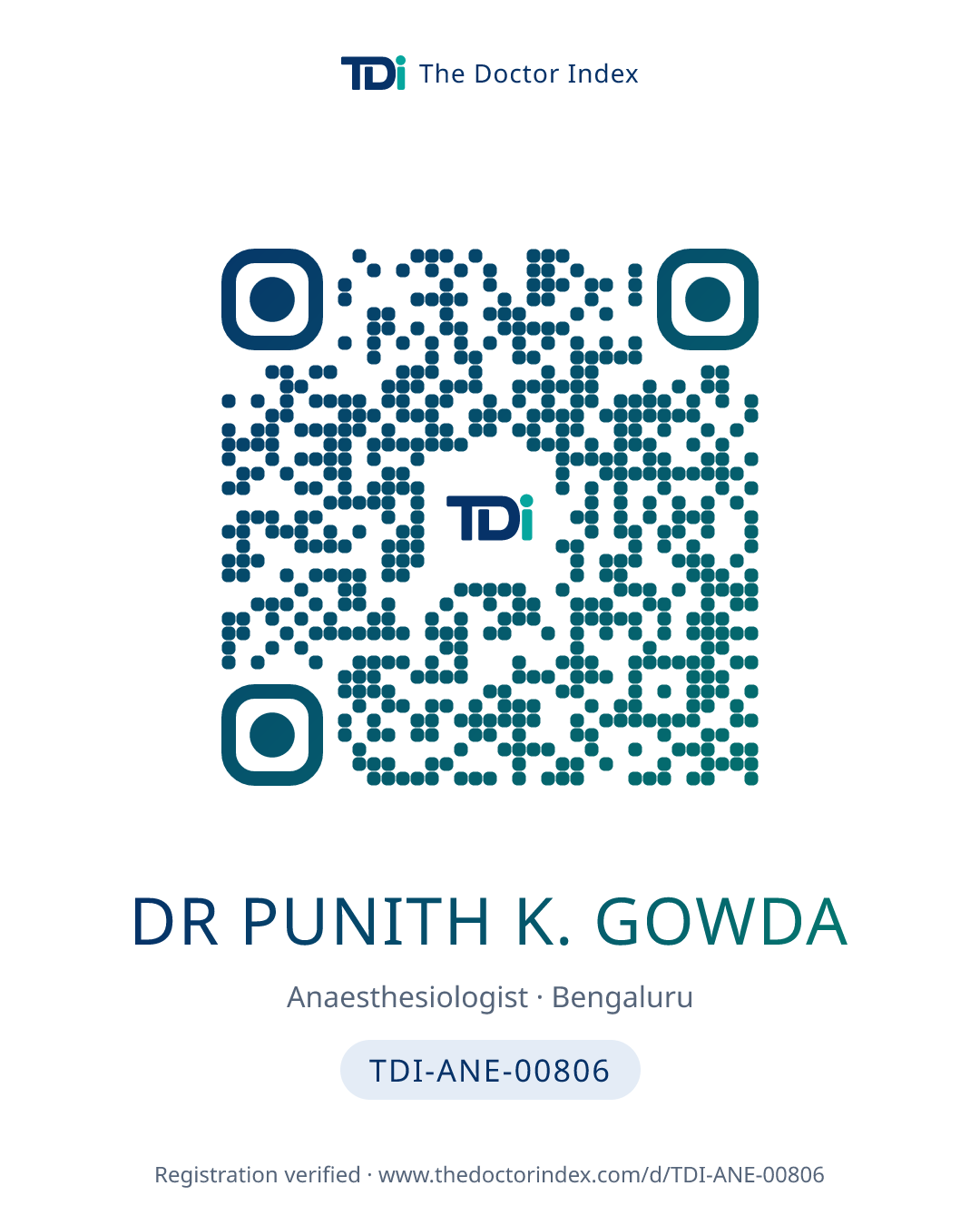 QR card for Dr Punith K. Gowda, TDI-ANE-00806