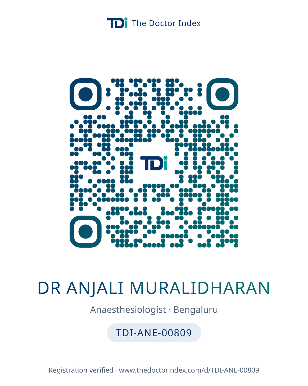 QR card for Dr Anjali Muralidharan, TDI-ANE-00809