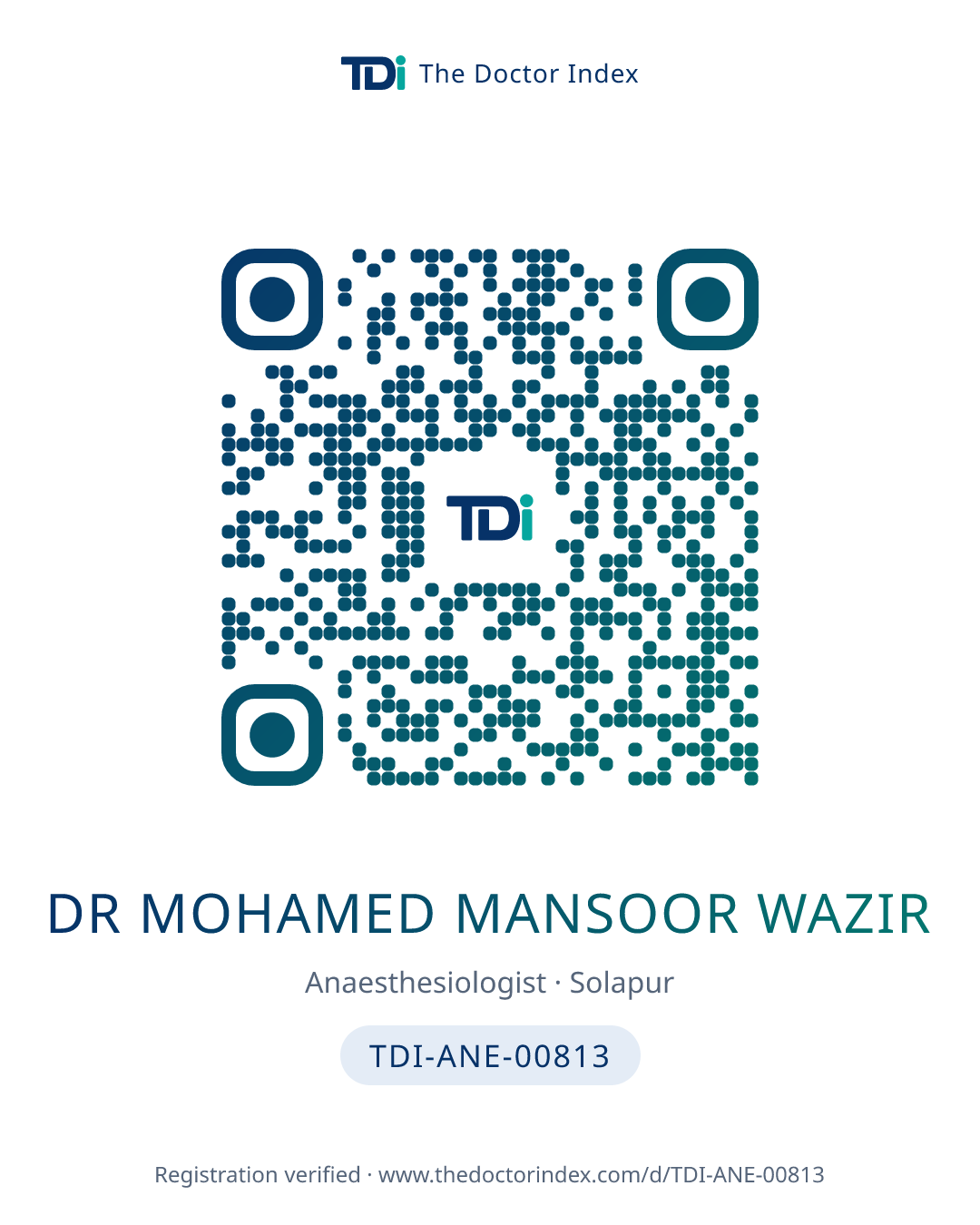 QR card for Dr Mohamed Mansoor Wazir, TDI-ANE-00813
