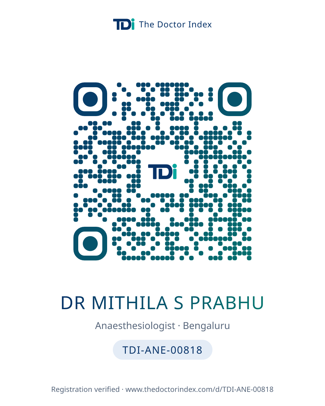 QR card for Dr Mithila S Prabhu, TDI-ANE-00818