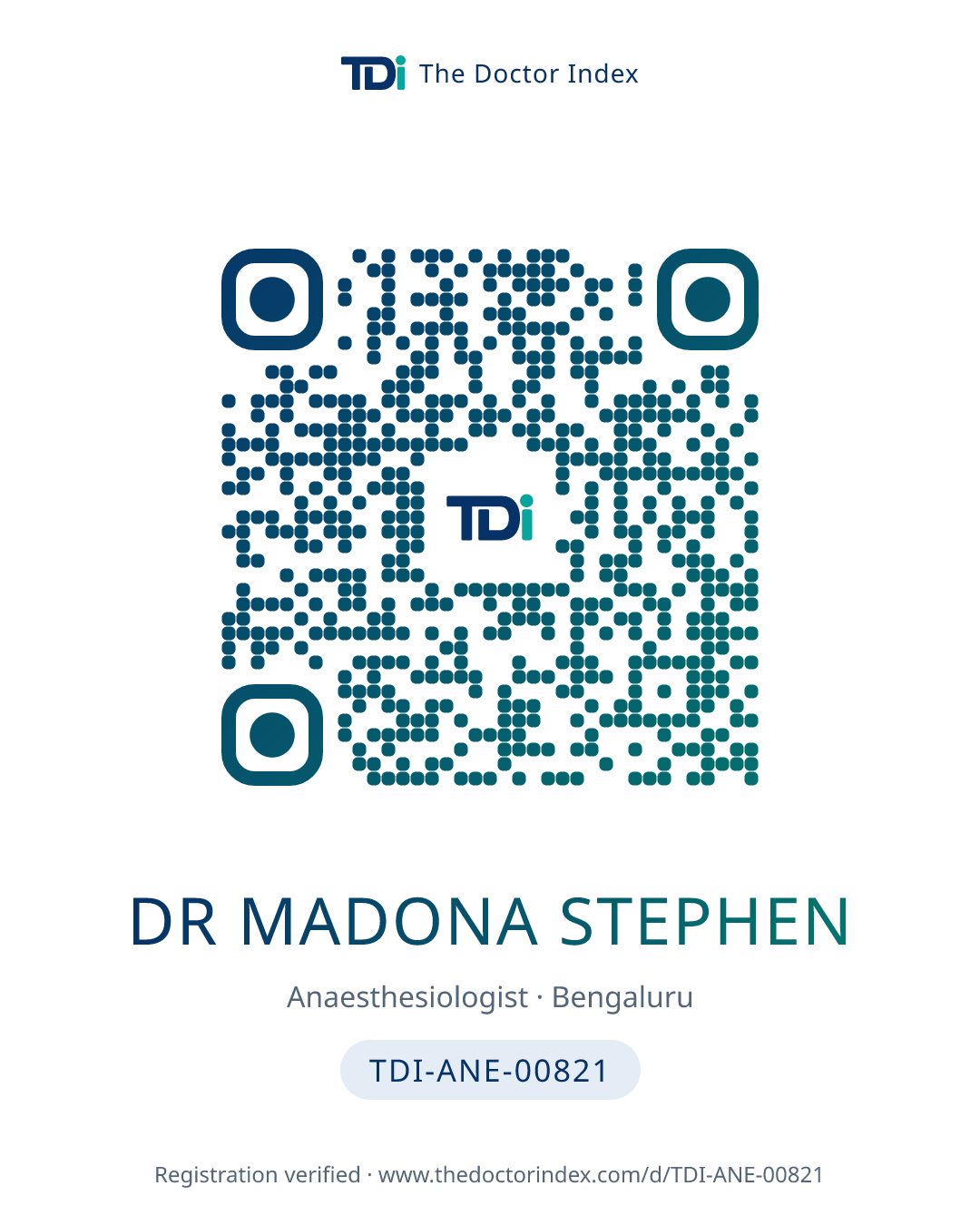 QR card for Dr Madona Stephen, TDI-ANE-00821