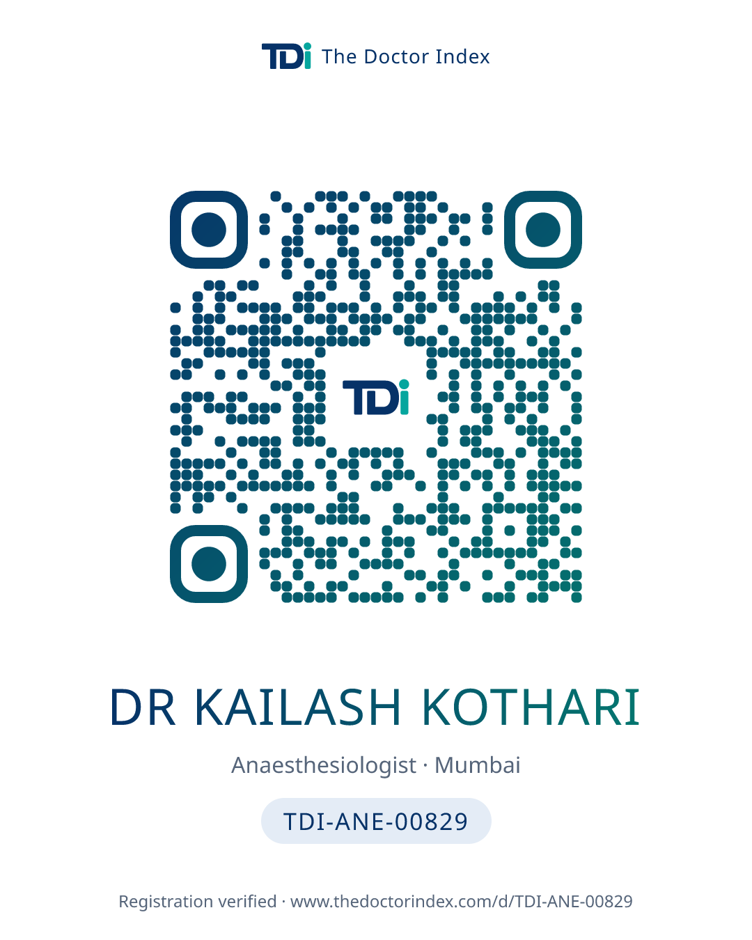 QR card for Dr Kailash Kothari, TDI-ANE-00829
