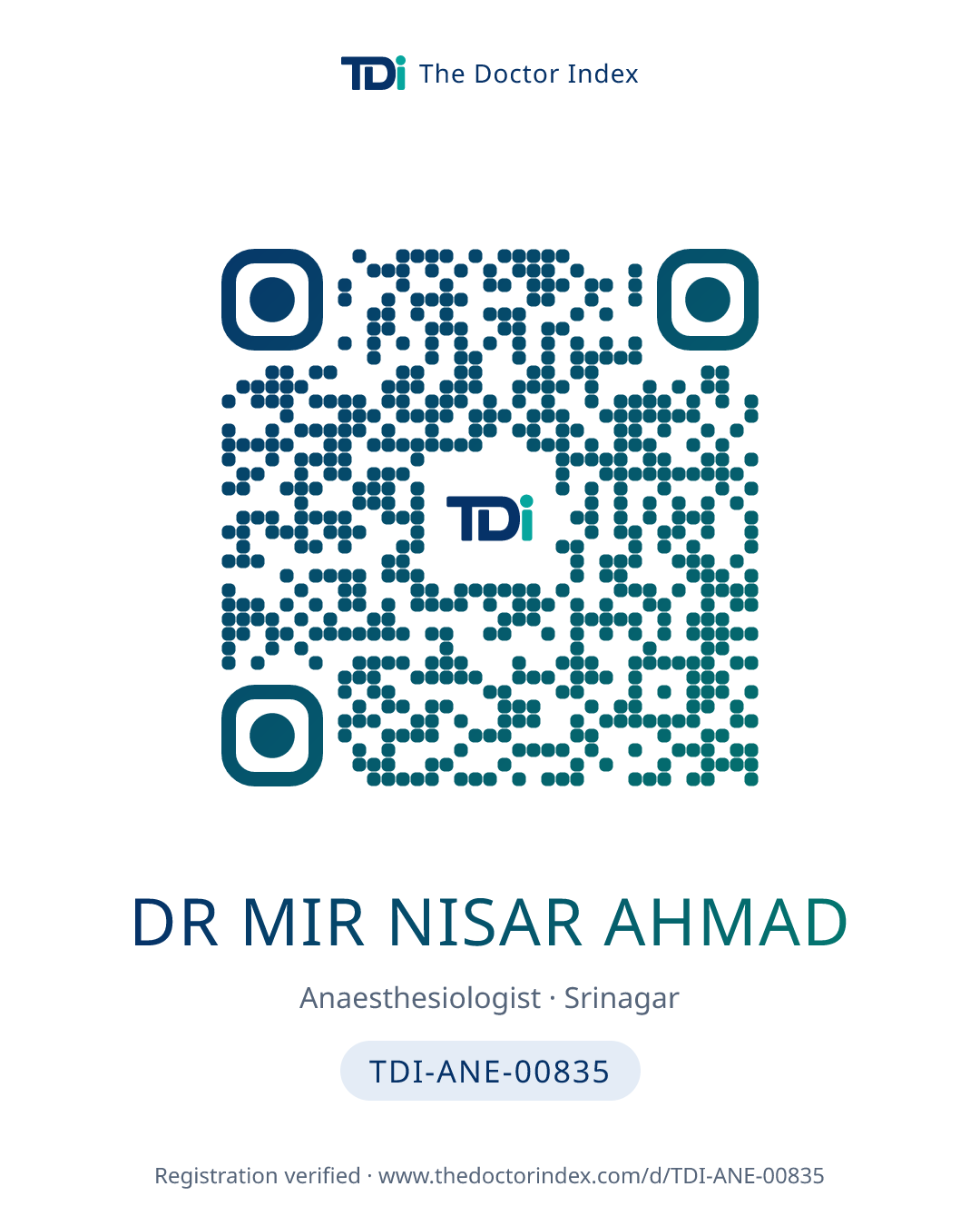 QR card for Dr Mir Nisar Ahmad, TDI-ANE-00835