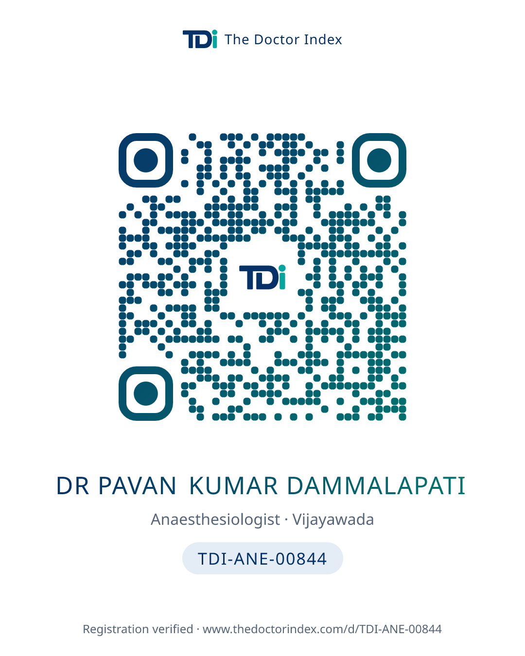 QR card for Dr Pavan Kumar Dammalapati, TDI-ANE-00844