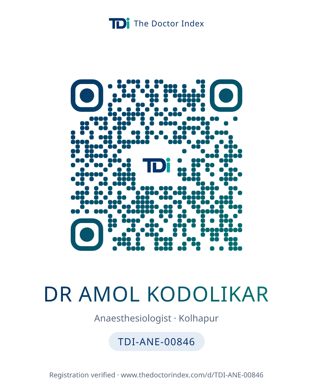 QR card for Dr Amol Kodolikar, TDI-ANE-00846