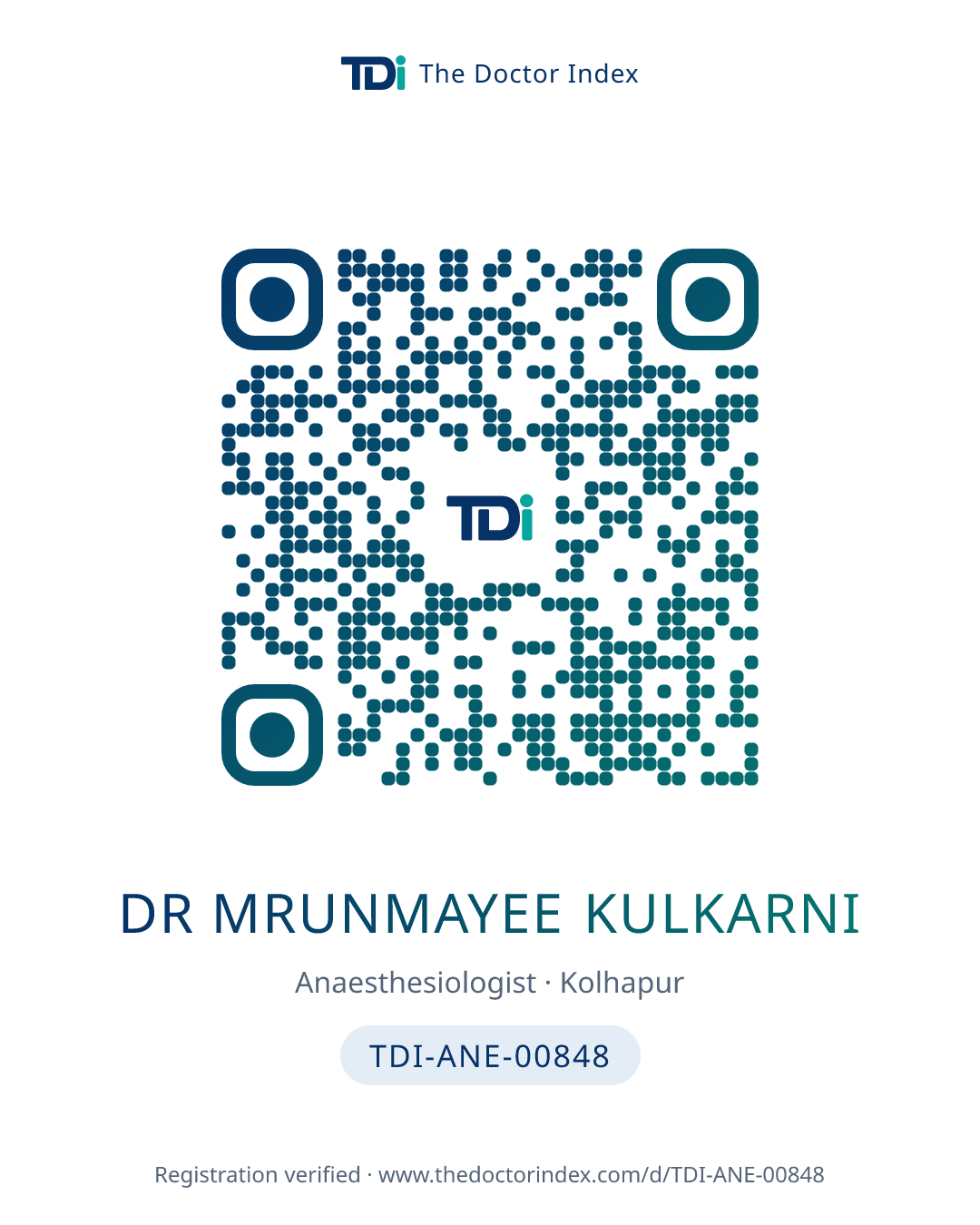 QR card for Dr Mrunmayee Kulkarni, TDI-ANE-00848